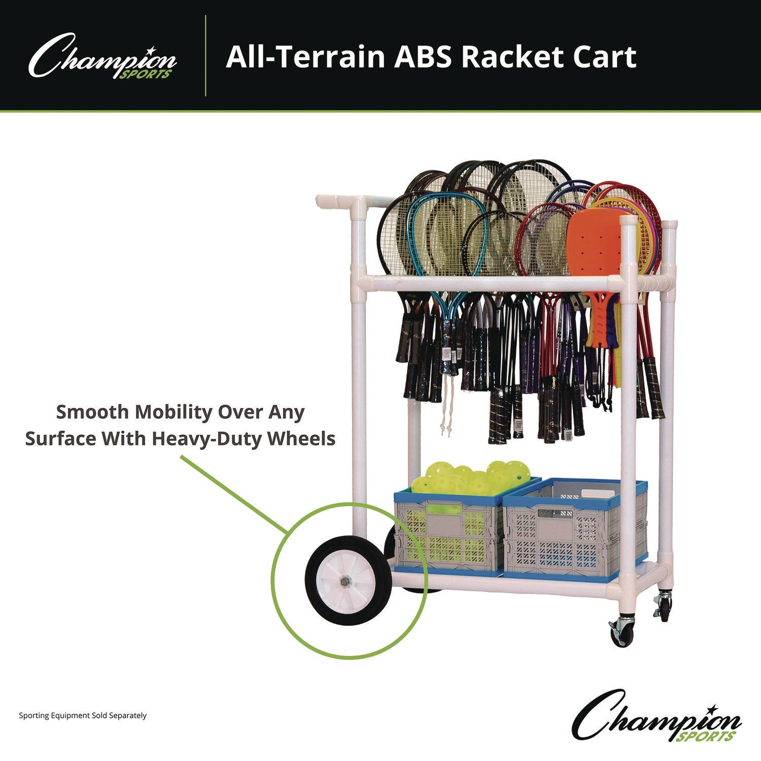 All-Terrain ABS Racket Cart, 20" Wide x 33" Long, White Champion Sports Flipcost