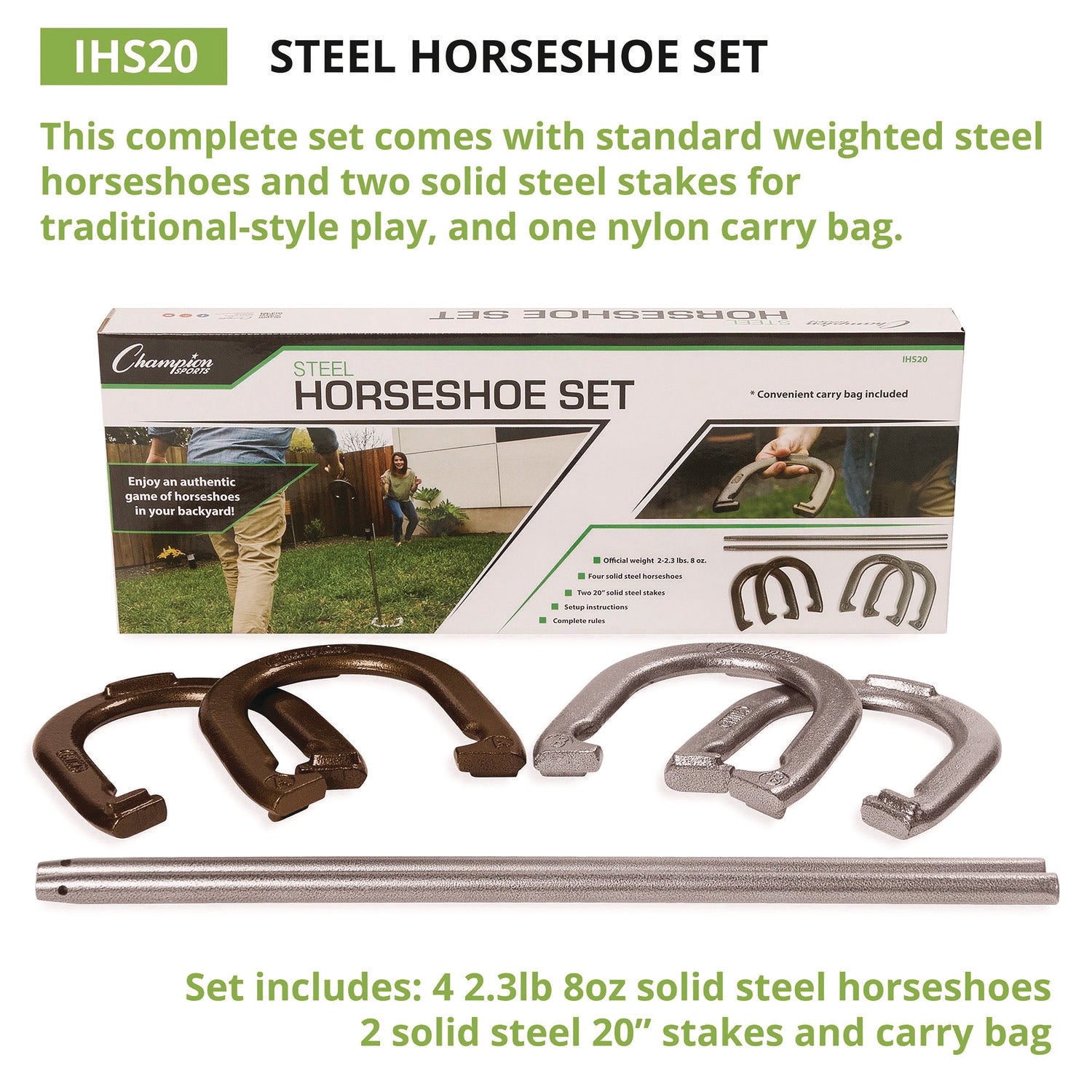 Steel Horseshoe Set, (4) Horseshoes/(2) 20" Stakes/Nylon Carry Bag Champion Sports Flipcost