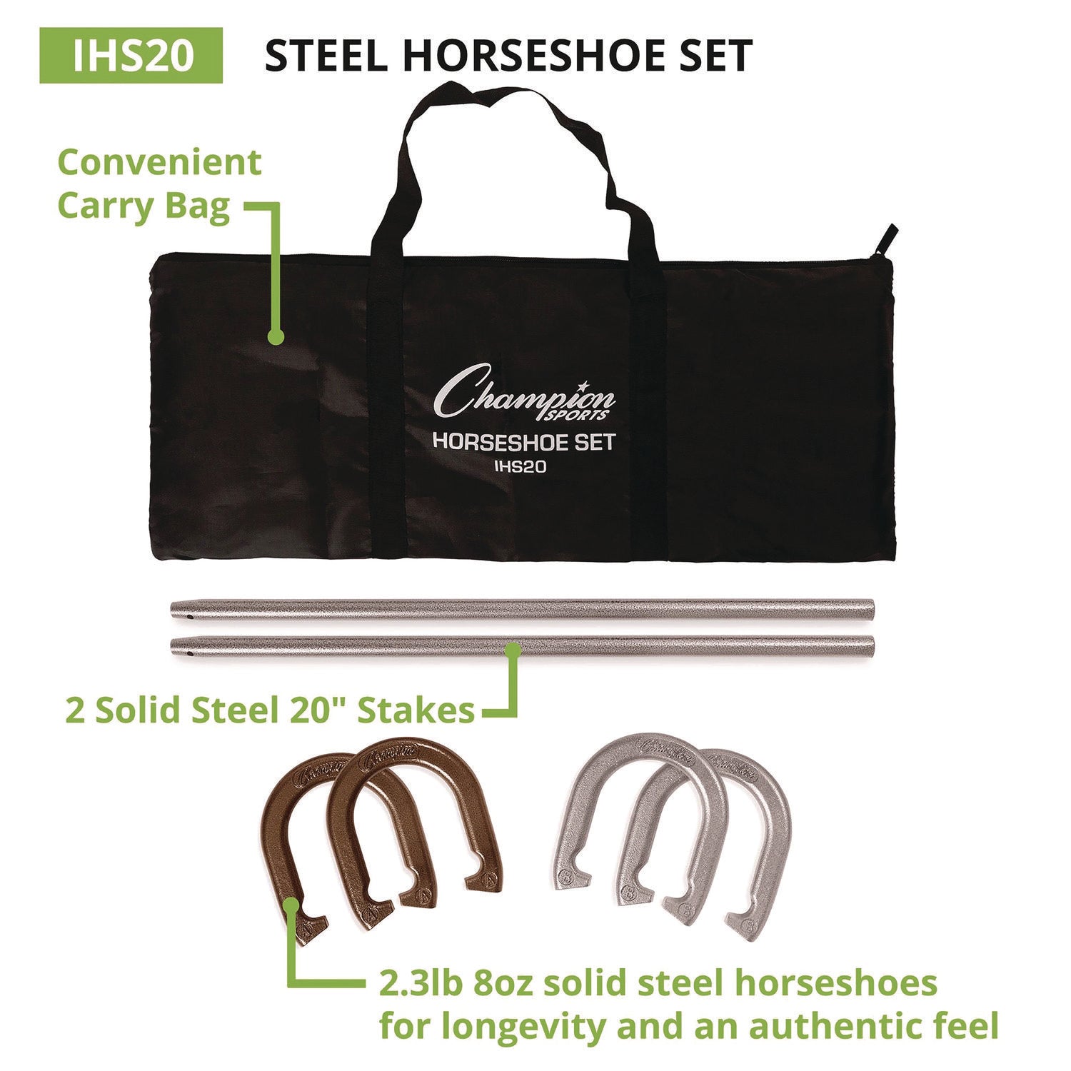 Steel Horseshoe Set, (4) Horseshoes/(2) 20" Stakes/Nylon Carry Bag Champion Sports Flipcost