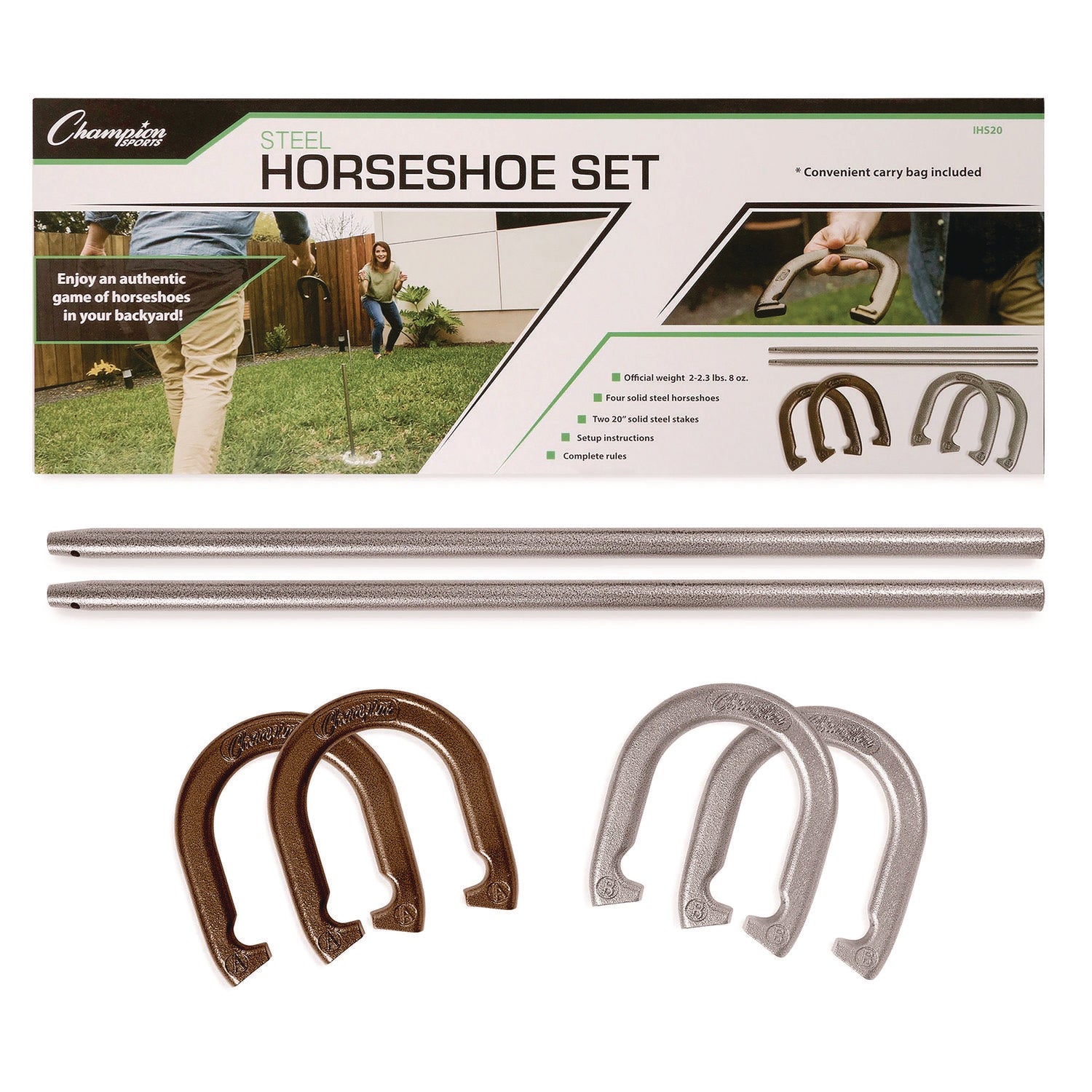 Steel Horseshoe Set, (4) Horseshoes/(2) 20" Stakes/Nylon Carry Bag Champion Sports Flipcost