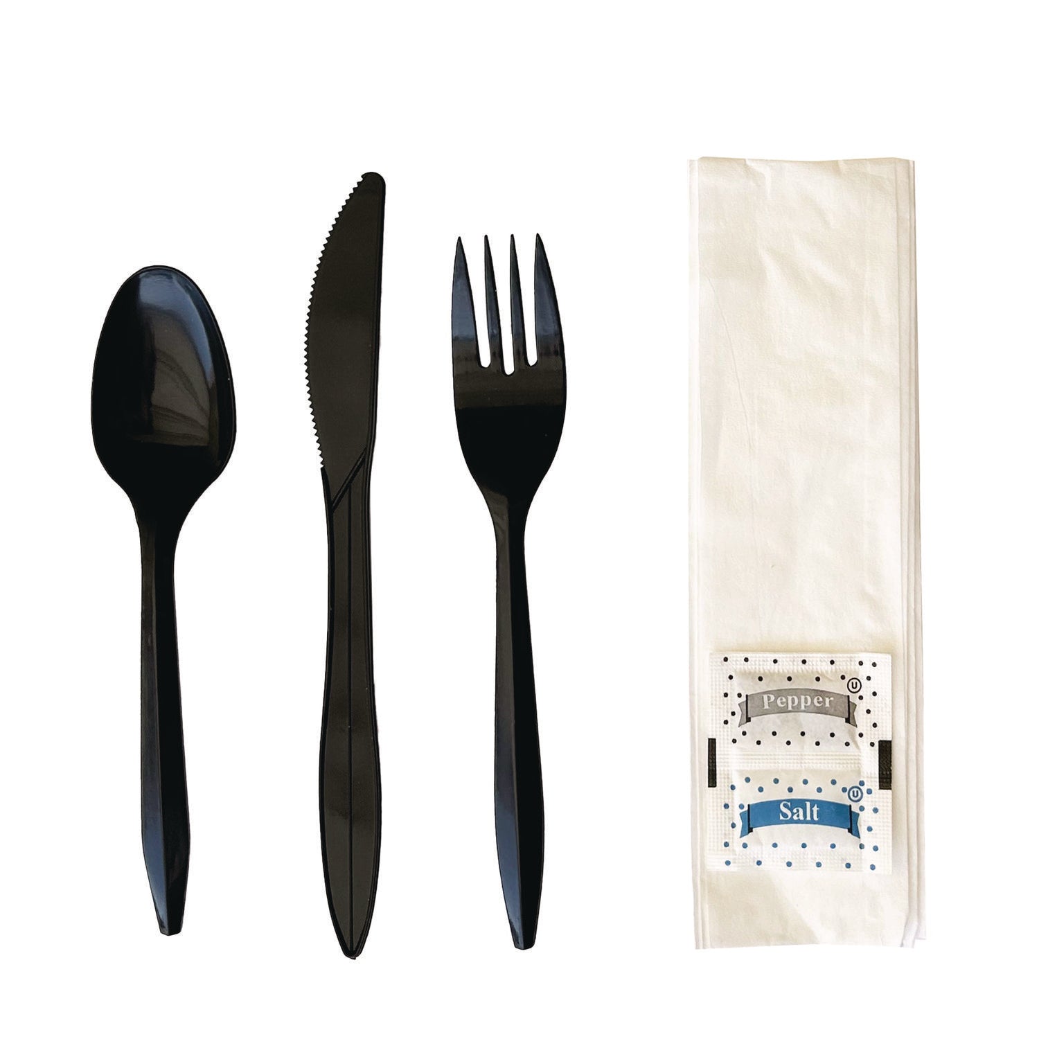 Six-Piece Cutlery Kit, Fork/Knife/Napkin/Pepper/Salt/Spoon, Black, 250/Carton Boardwalk® Flipcost