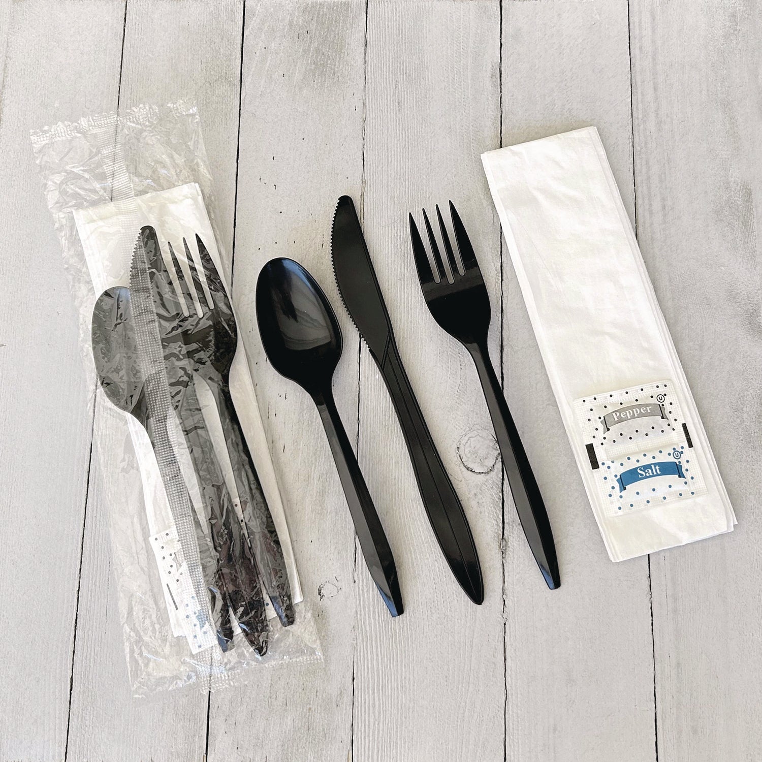 Six-Piece Cutlery Kit, Fork/Knife/Napkin/Pepper/Salt/Spoon, Black, 250/Carton Boardwalk® Flipcost