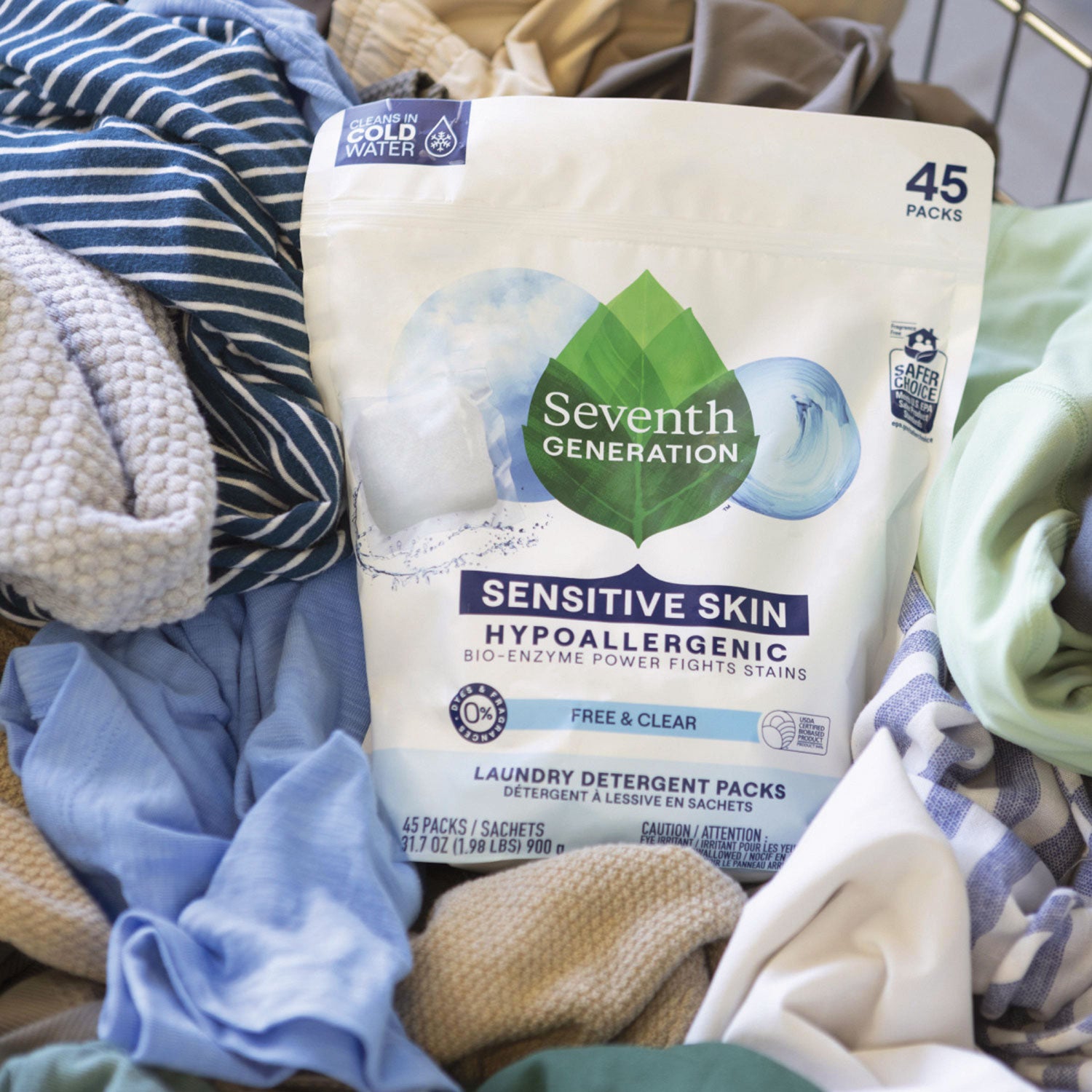 Seventh Generation® Natural Laundry Detergent Packs, Powder, Unscented, 45 Packets/Pack, 8/Carton