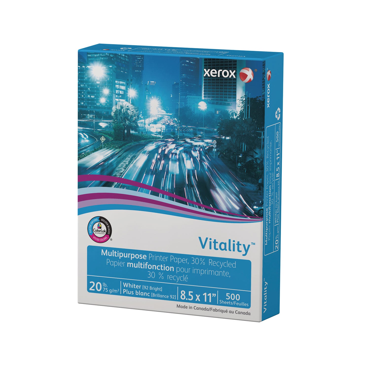 xerox™ Vitality 30% Recycled Multipurpose Paper, 92 Bright, 20 lb Bond Weight, 8.5 x 11, White, 500/Ream