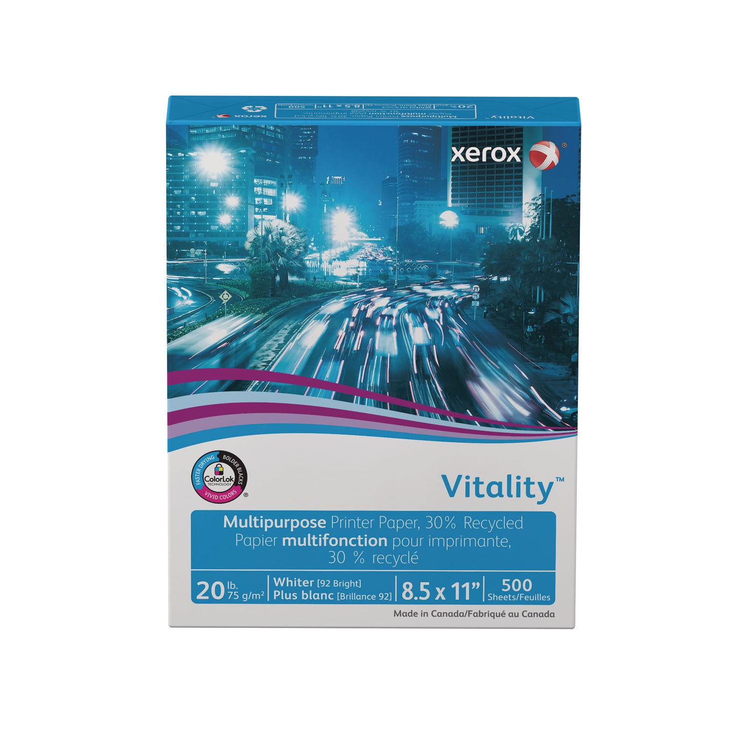 xerox™ Vitality 30% Recycled Multipurpose Paper, 92 Bright, 20 lb Bond Weight, 8.5 x 11, White, 500/Ream