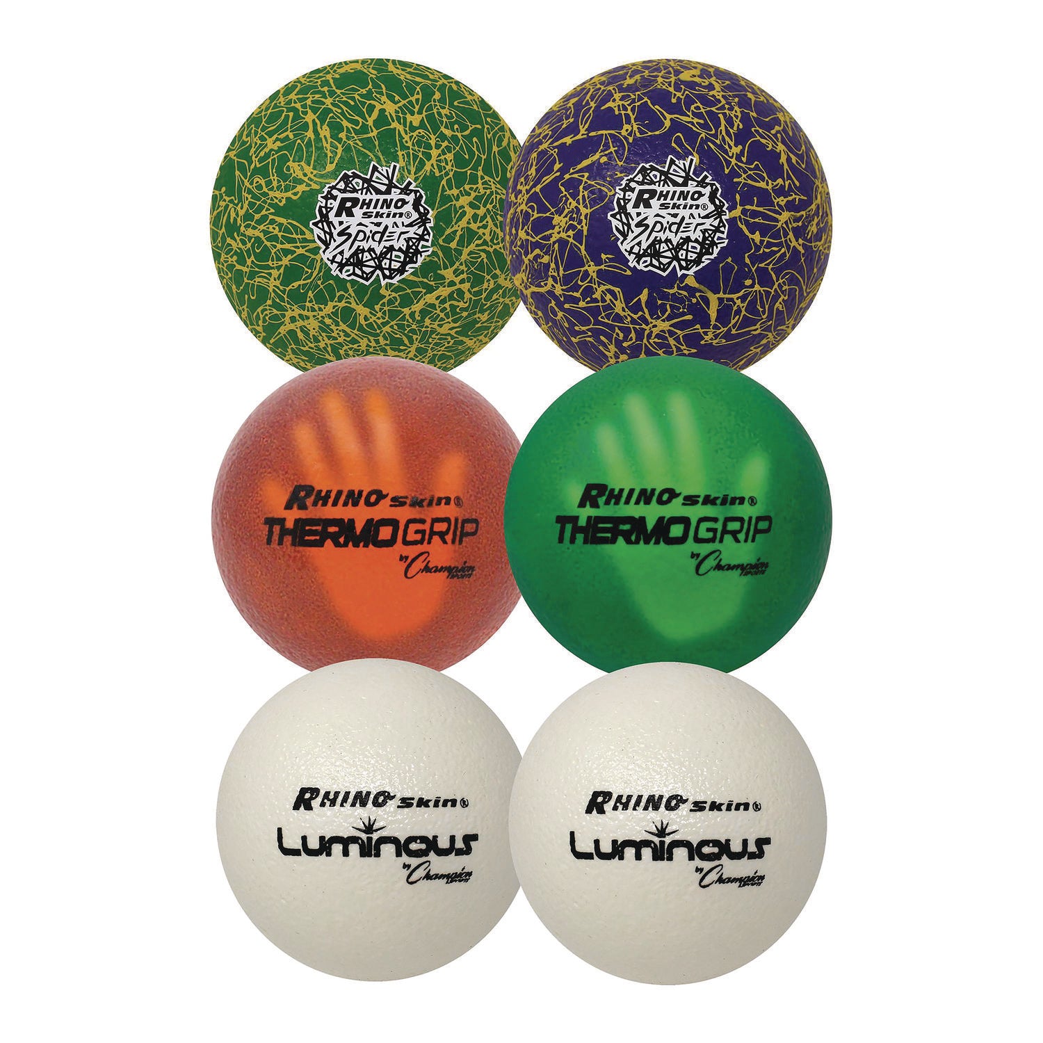 Rhino Skin Variety Dodgeball Set, 6.3" Diameter, Luminous/Spider/ThermoGrip, 6/Set