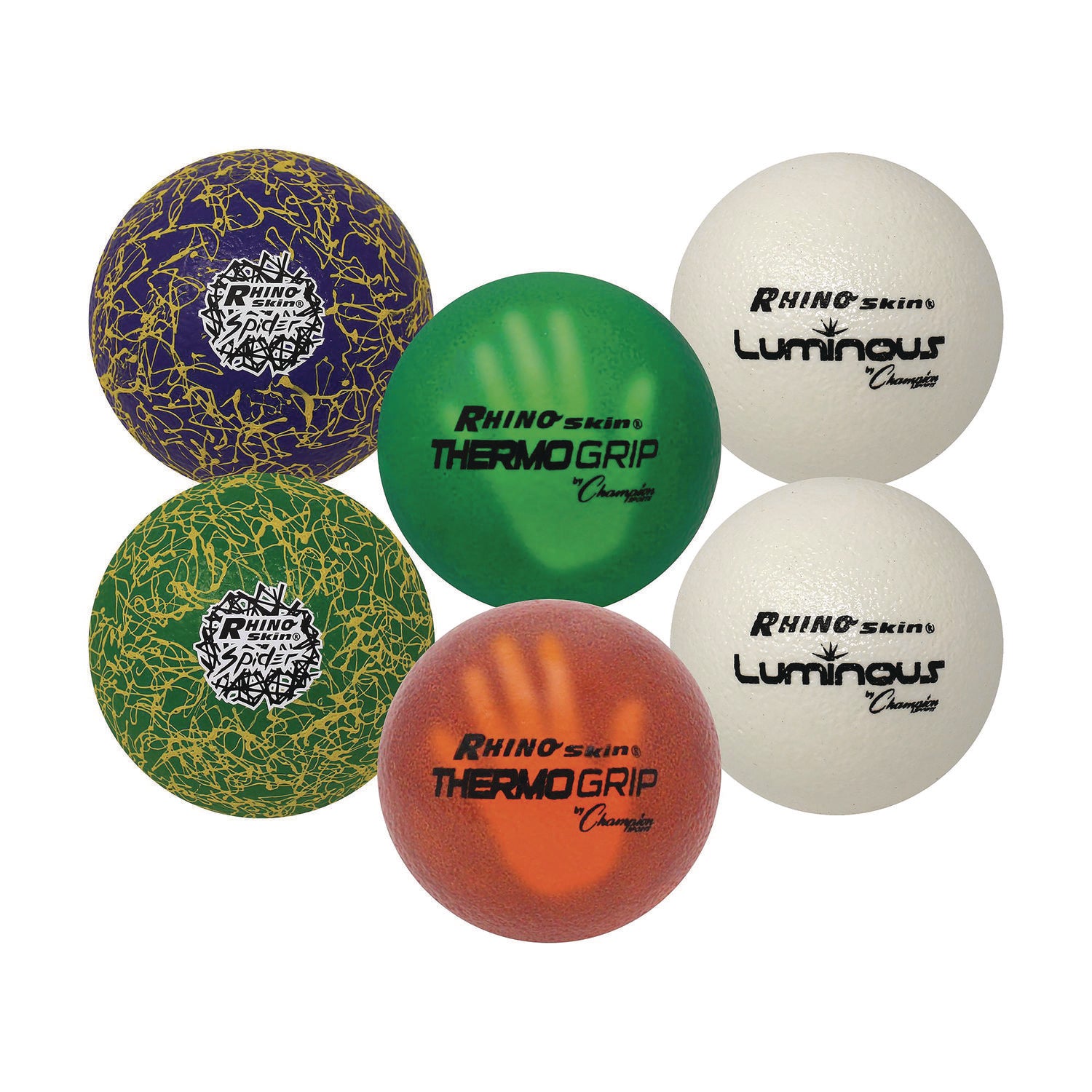 Rhino Skin Variety Dodgeball Set, 6.3" Diameter, Luminous/Spider/ThermoGrip, 6/Set Champion Sports Flipcost