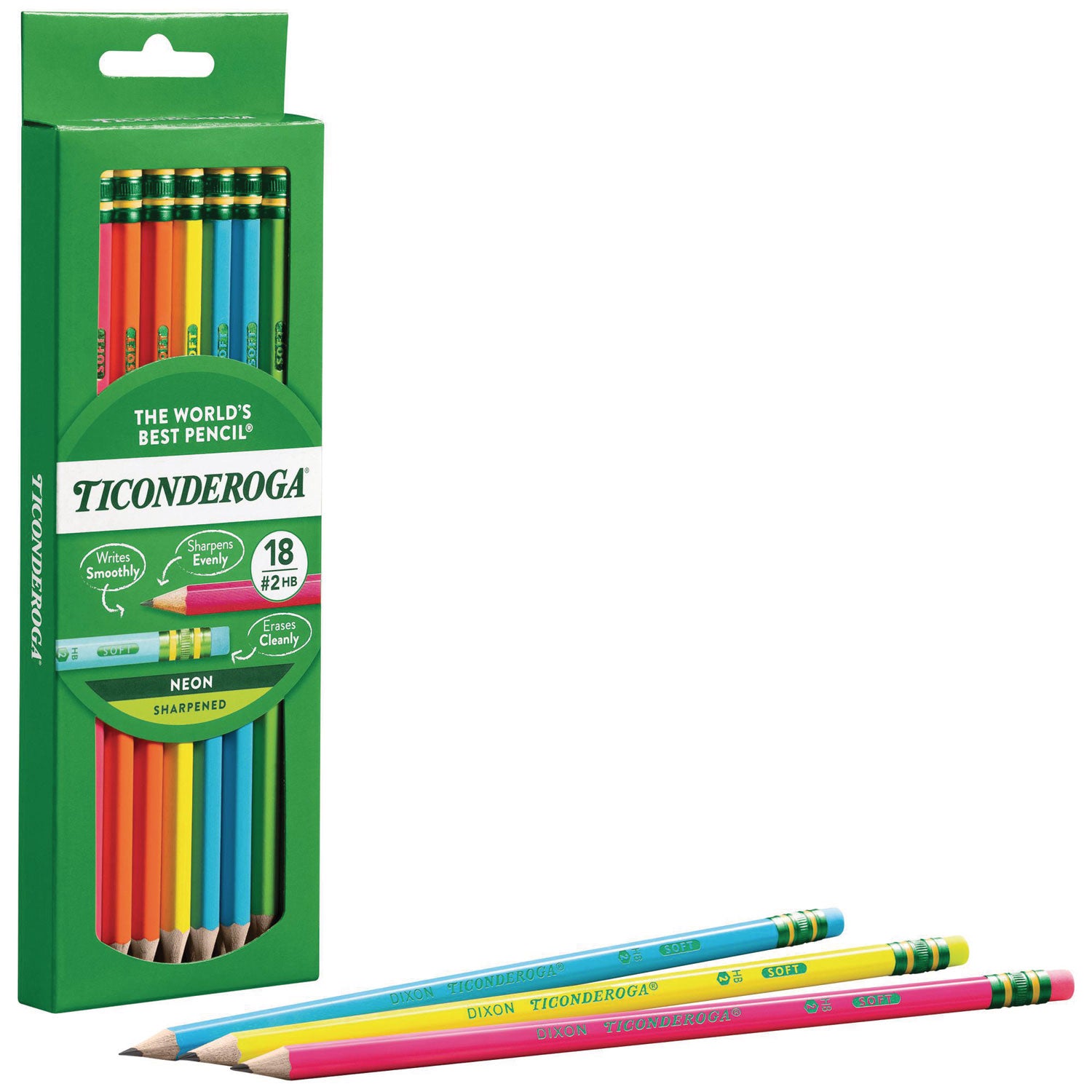 Ticonderoga® Pre-Sharpened Pencil, 2.2 mm, HB (#2), Black Lead, Neon Assorted Barrel Colors, 18/Pack