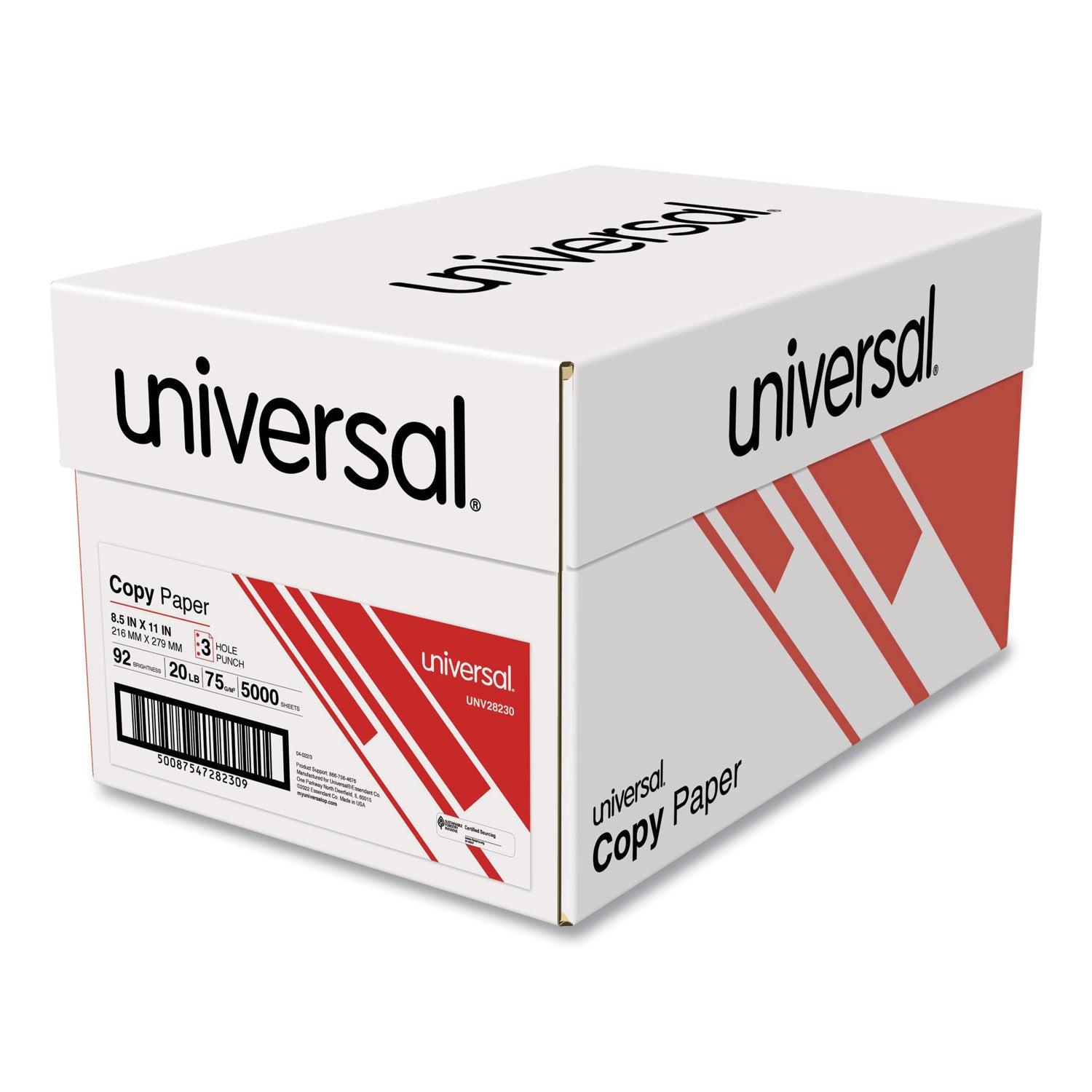 Universal® Copy Paper, 92 Bright, 3-Hole, 20 lb Bond Weight, 8.5 x 11, White, 500 Sheets/Ream, 10 Reams/Carton