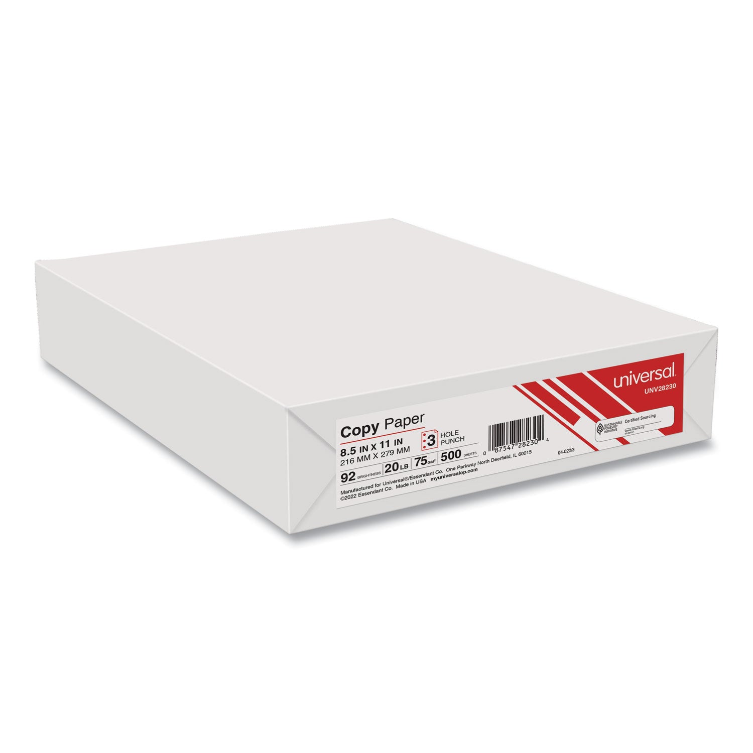 Universal® Copy Paper, 92 Bright, 3-Hole, 20 lb Bond Weight, 8.5 x 11, White, 500 Sheets/Ream, 10 Reams/Carton