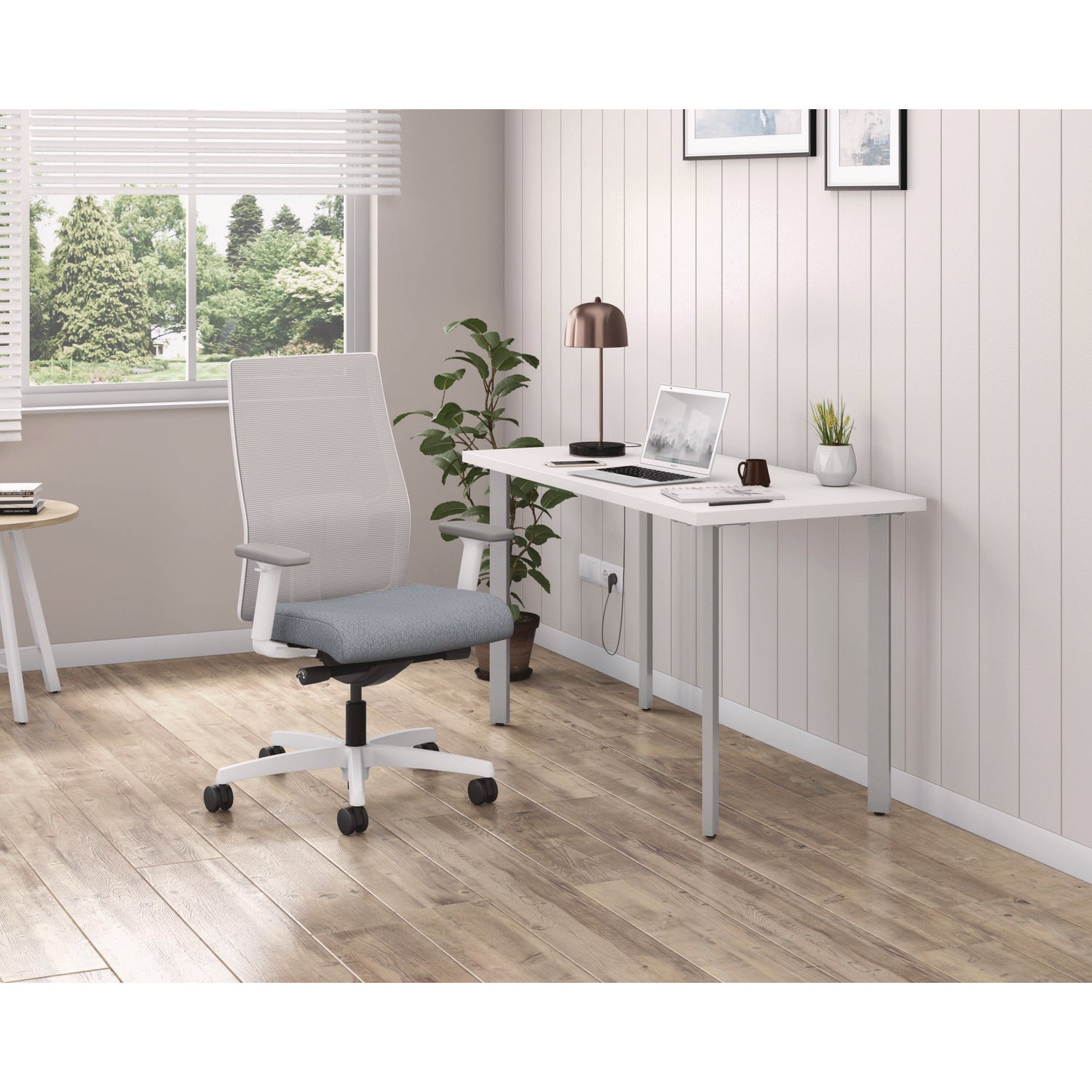 HON® Ignition 2.0 4-Way Stretch Mid-Back Mesh Task Chair, 17" to 21" Seat Height, Basalt Seat, Fog Back, Designer White Base