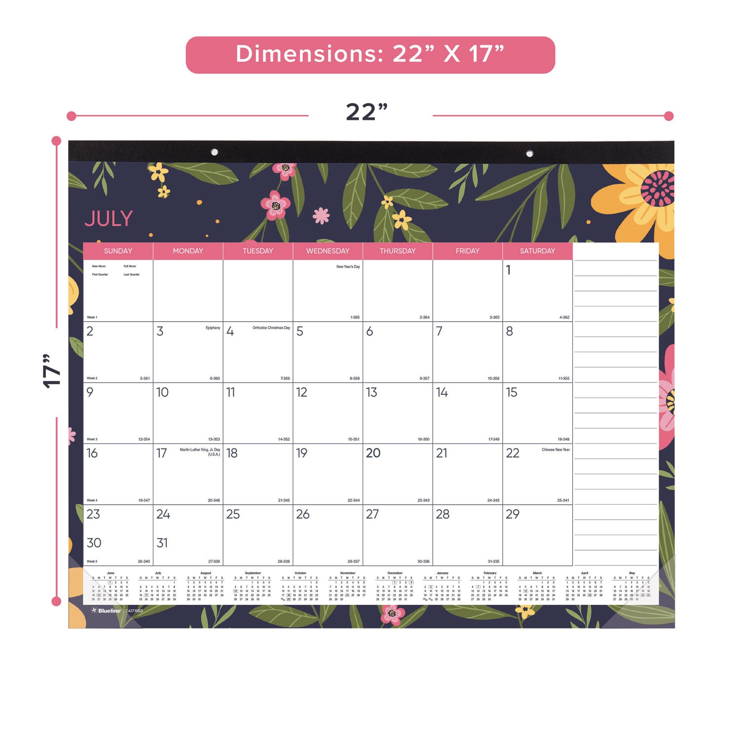 Blueline® Academic 18-Month Desk Pad Calendar, 22 x 17, White/Multicolor Sheets, Black Headband, 18-Month (July to Dec): 2024 to 2025