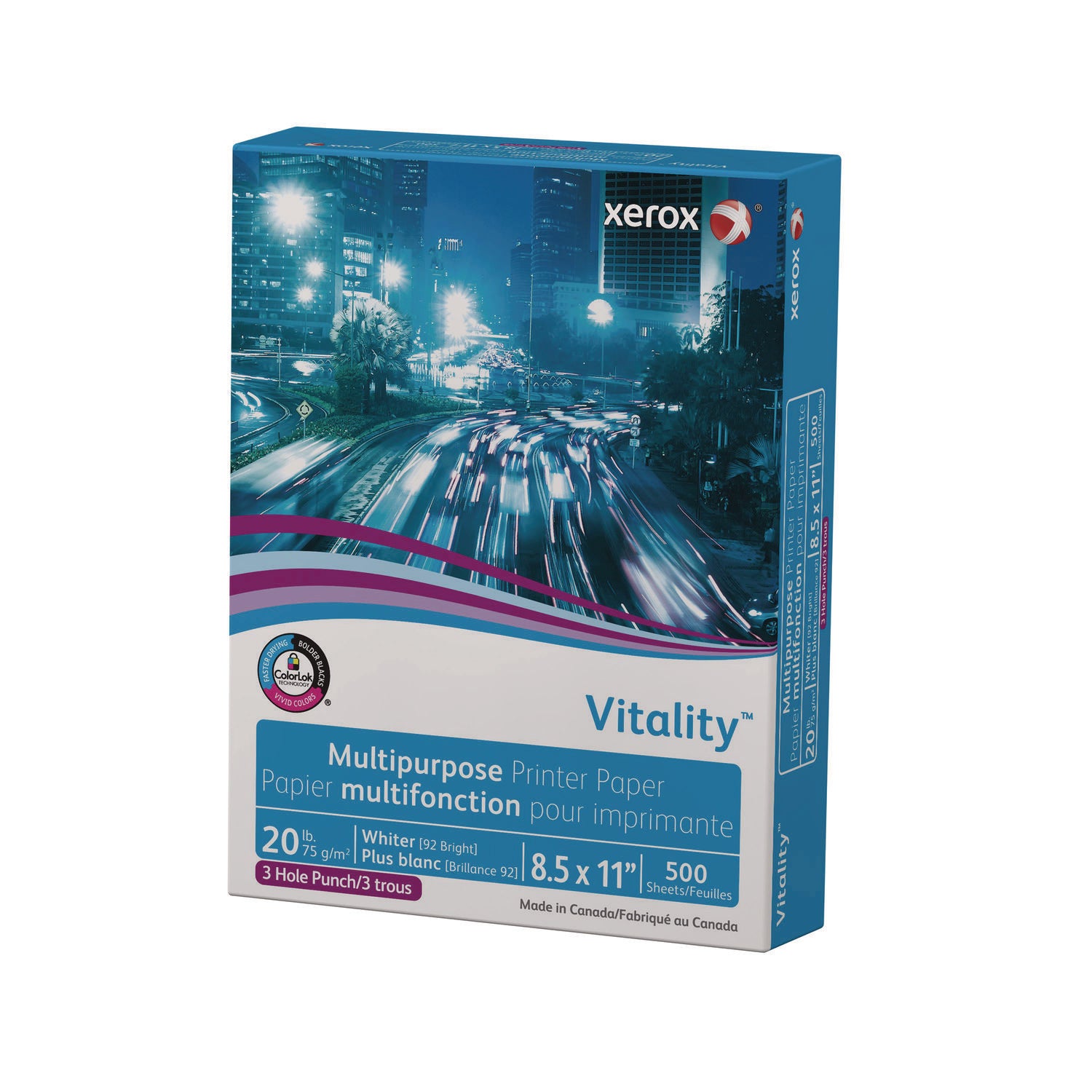 xerox™ Vitality Multipurpose Print Paper, 92 Bright, 3-Hole, 20 lb Bond Weight, 8.5 x 11, 500 Sheets/Ream, 10 Reams/Carton