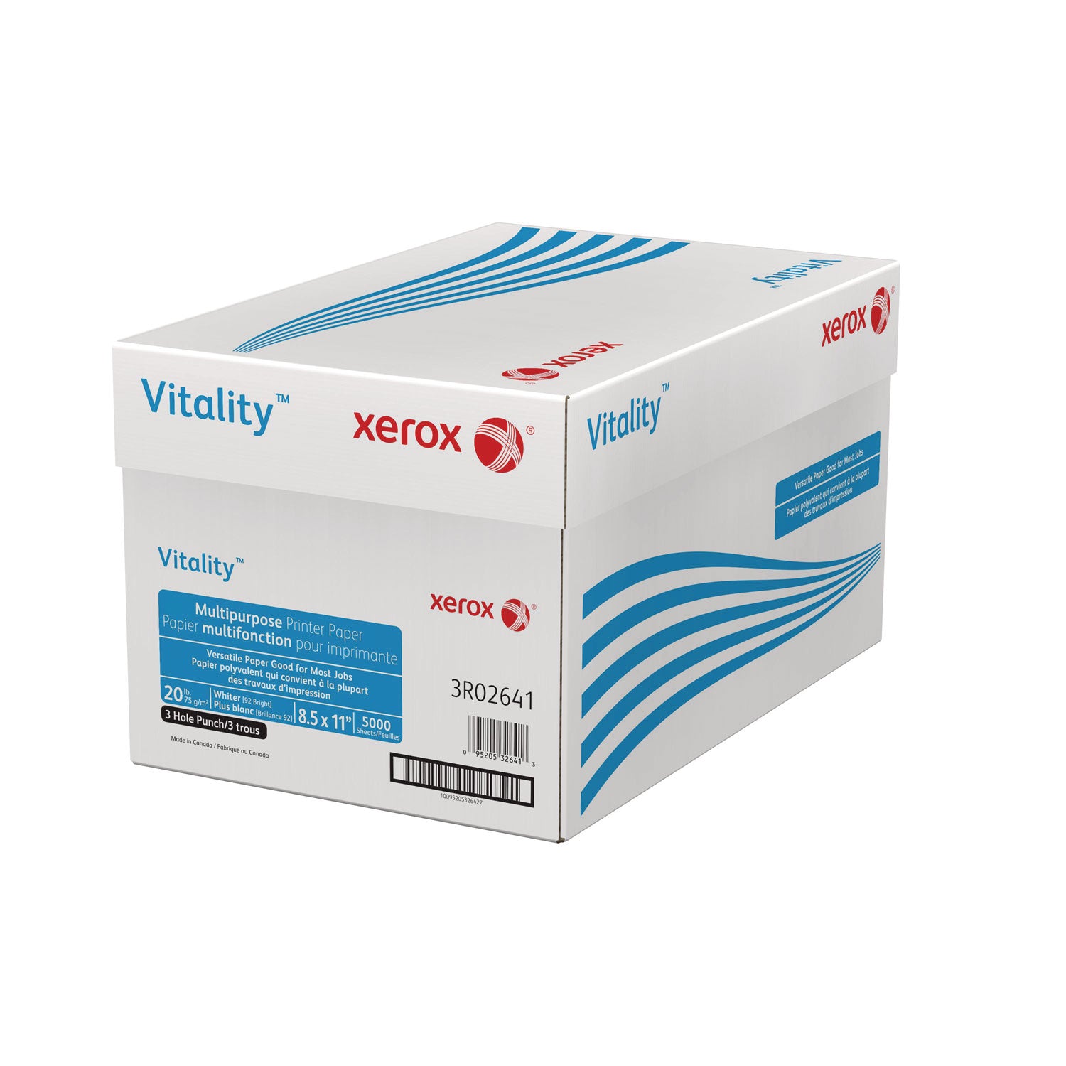 xerox™ Vitality Multipurpose Print Paper, 92 Bright, 3-Hole, 20 lb Bond Weight, 8.5 x 11, 500 Sheets/Ream, 10 Reams/Carton