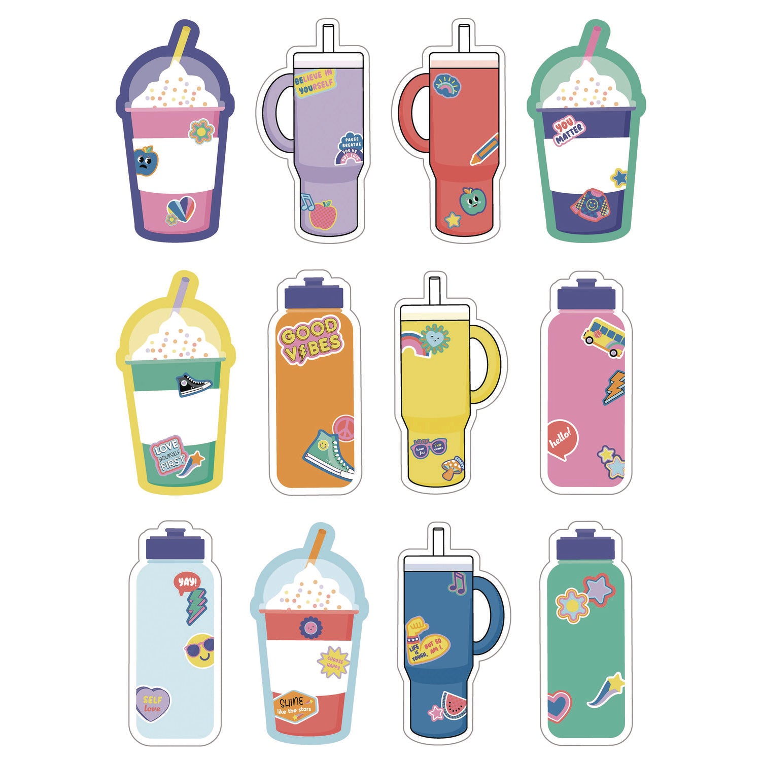 Assorted Colorful Cut-Outs, 36-Piece Set, We Stick Together: Cups + Water Bottles, 5.8" x 8", Multicolor