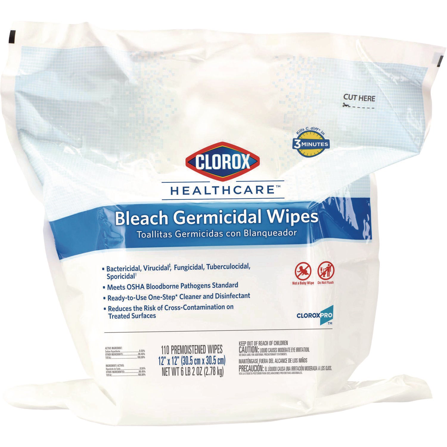 Bleach Germicidal Wipes, 1-Ply, 12 x 12, Unscented, White, 110/Bag