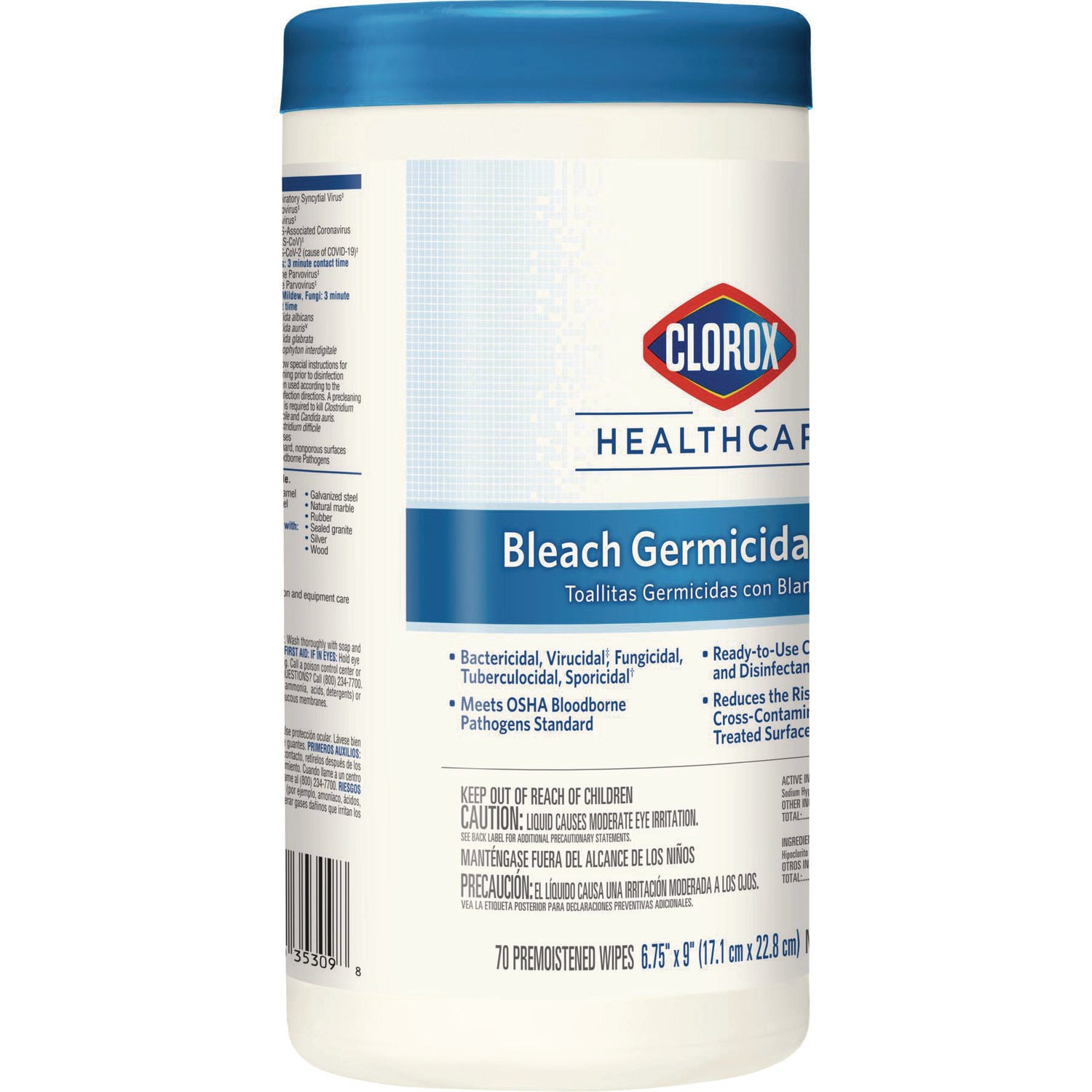 Clorox Healthcare® Bleach Germicidal Wipes, 1-Ply, 6.75 x 9, Unscented, White, 70/Canister