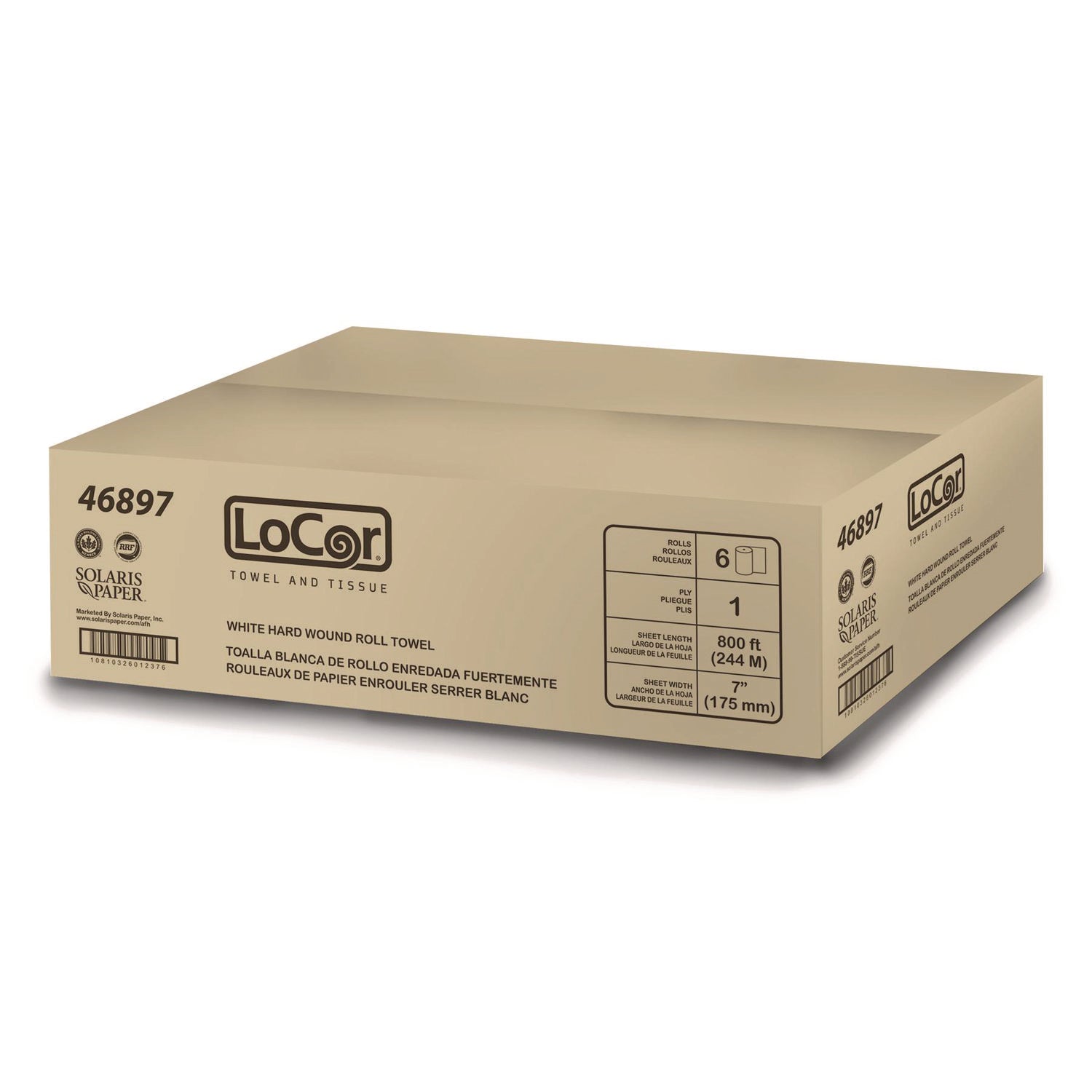 LoCor® Hard Wound Roll Towel, 1-Ply, 7" x 800 ft, White, 6 Rolls/Carton