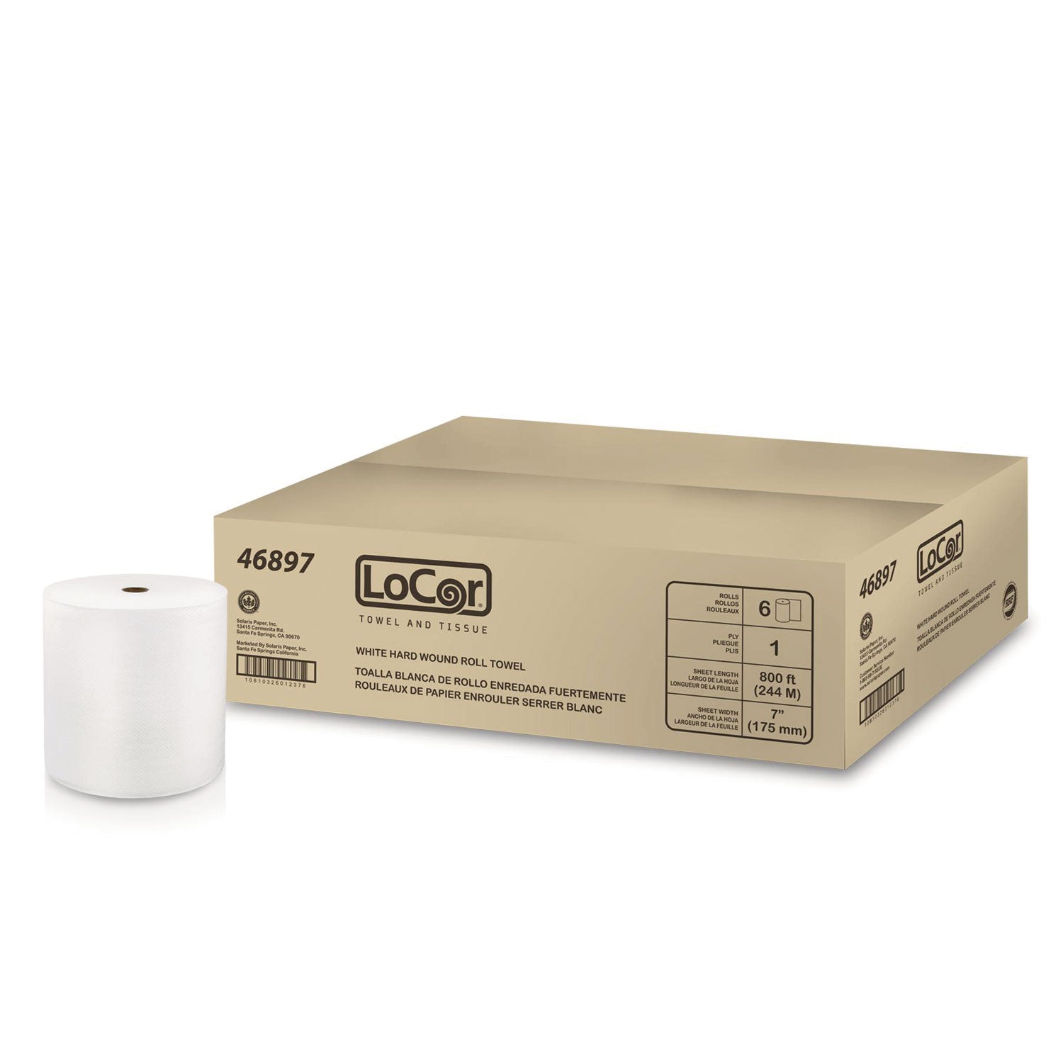 LoCor® Hard Wound Roll Towel, 1-Ply, 7" x 800 ft, White, 6 Rolls/Carton