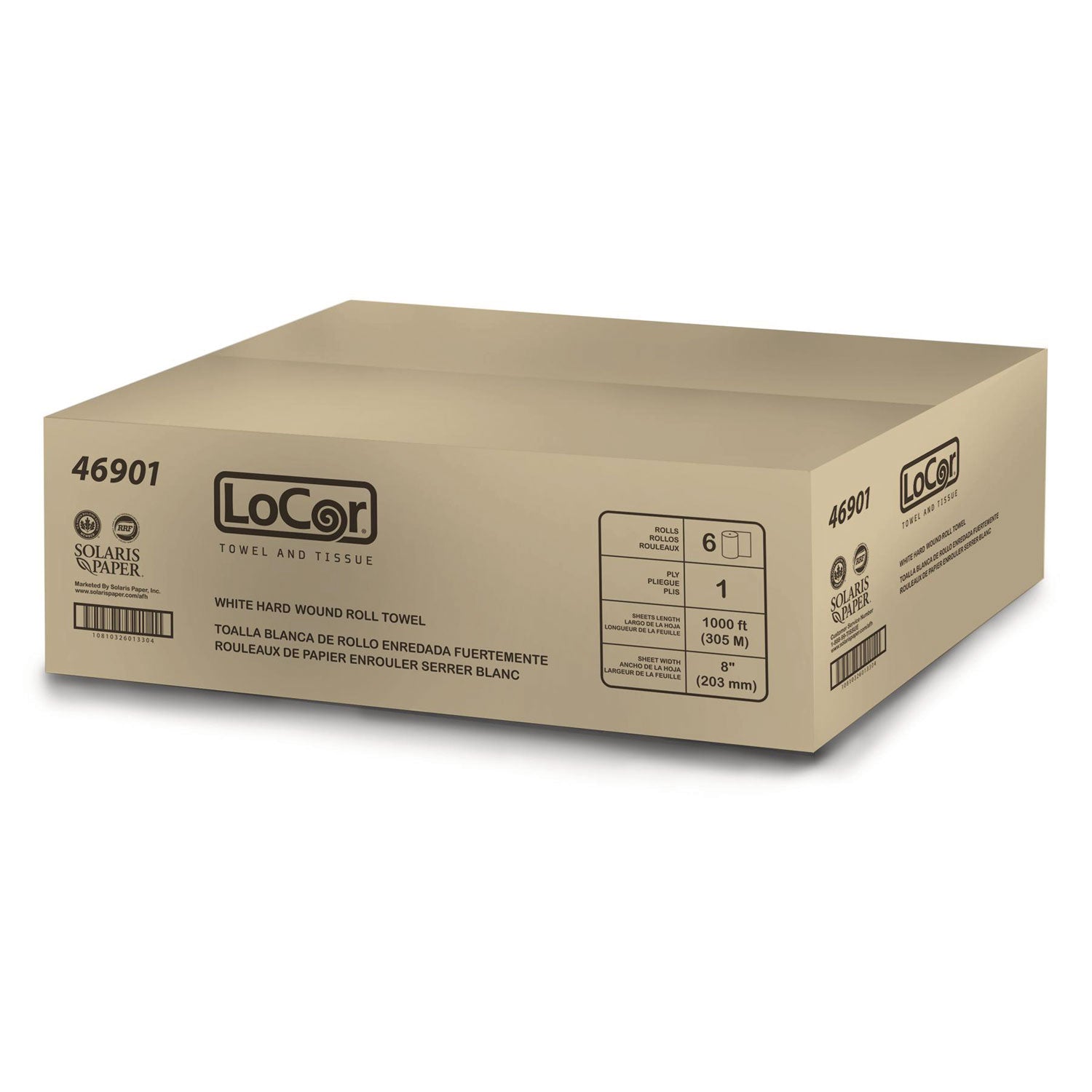 LoCor® Hard Wound Roll Towel, 1-Ply, 8" x 1,000 ft, White, 6 Rolls/Carton