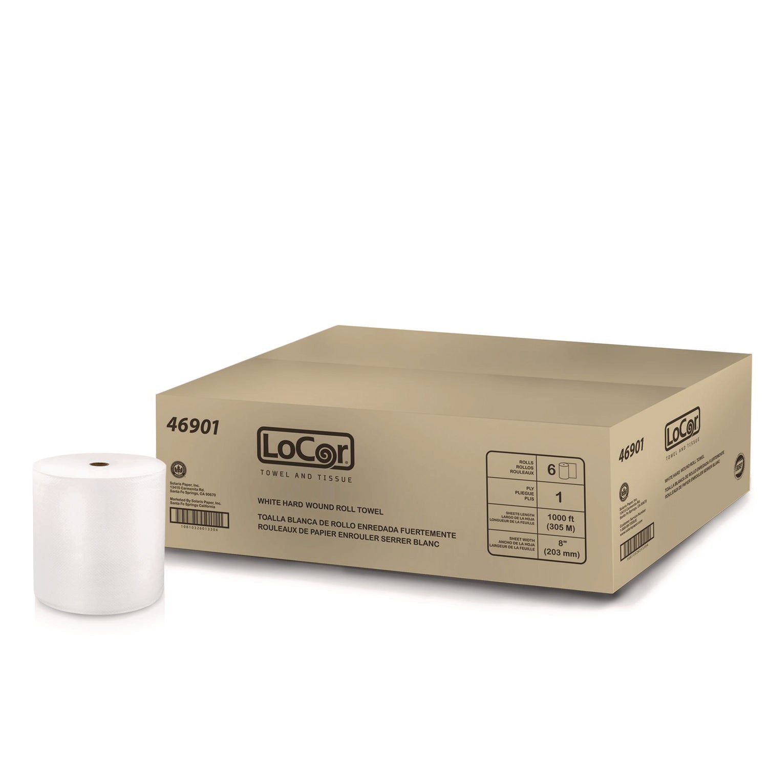 LoCor® Hard Wound Roll Towel, 1-Ply, 8" x 1,000 ft, White, 6 Rolls/Carton