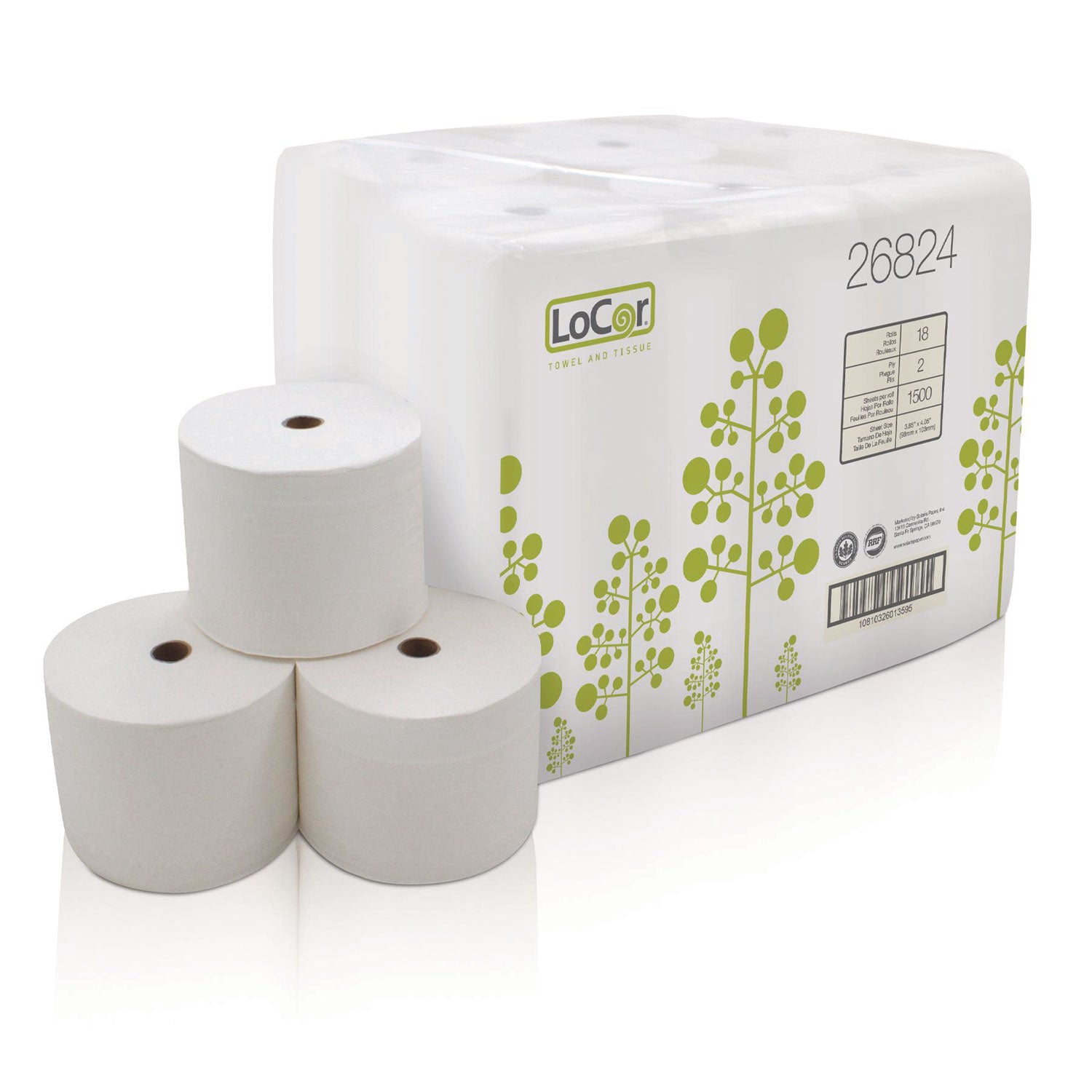 LoCor® High-Capacity Bath Tissue, 2-Ply, White, 1,500 Sheets/Roll, 18 Rolls/Carton