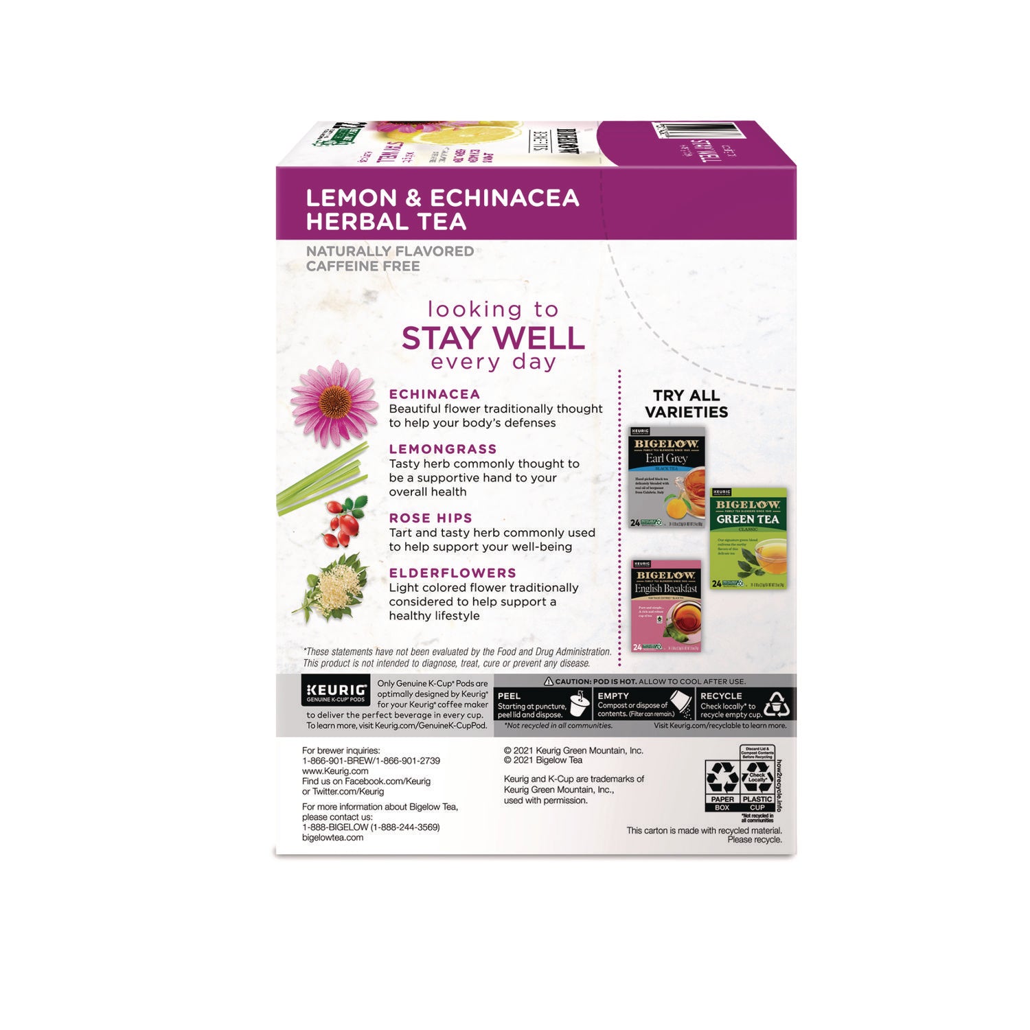 Bigelow® Benefits Lemon and Echinacea Herbal K-Cup, 0.11 oz, 22/Box