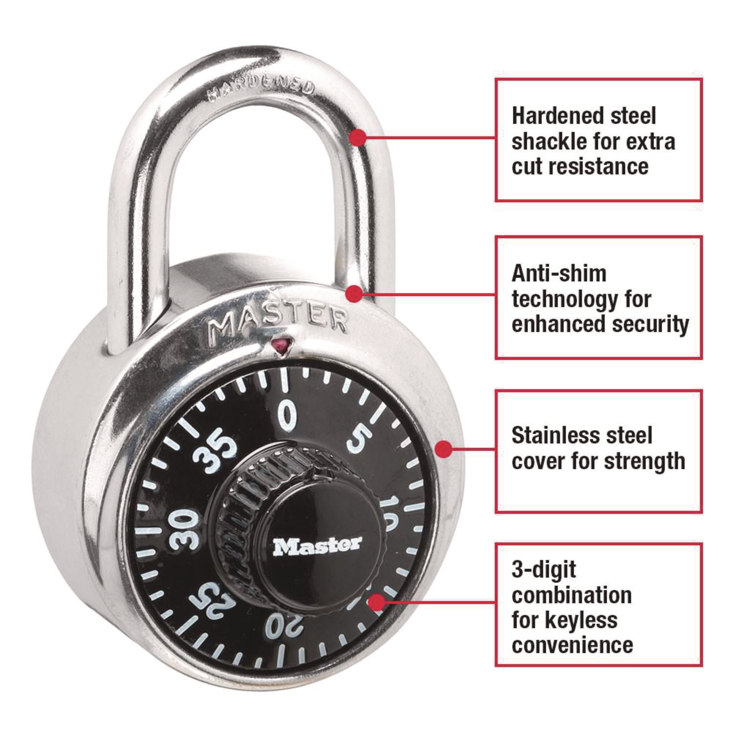 Master Lock® Combination Lock, Stainless Steel, 1.87" Wide, Silver/Black, 2/Pack