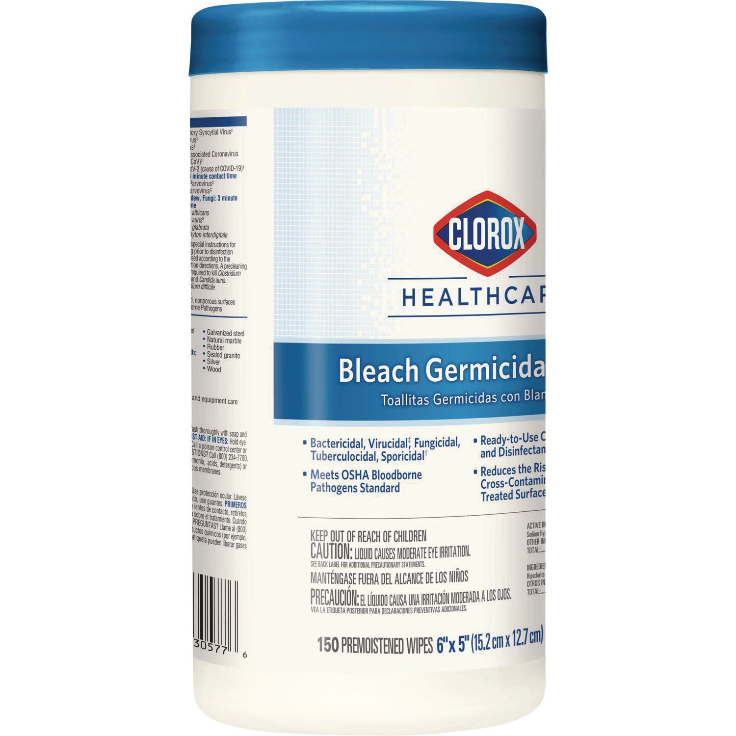 Clorox Healthcare® Bleach Germicidal Wipes, 1-Ply, 6 x 5, Unscented, White, 150/Canister