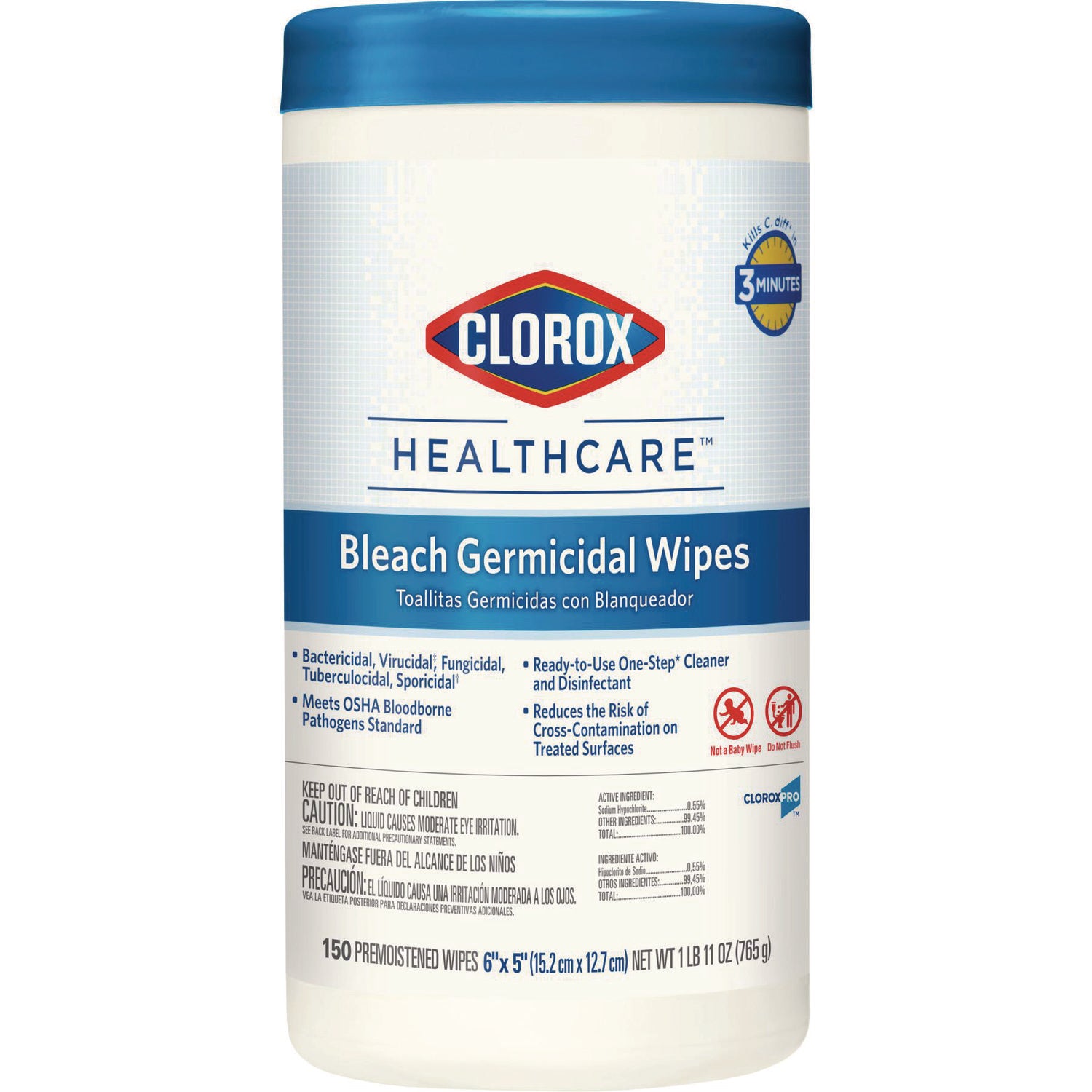 Bleach Germicidal Wipes, 1-Ply, 6 x 5, Unscented, White, 150/Canister