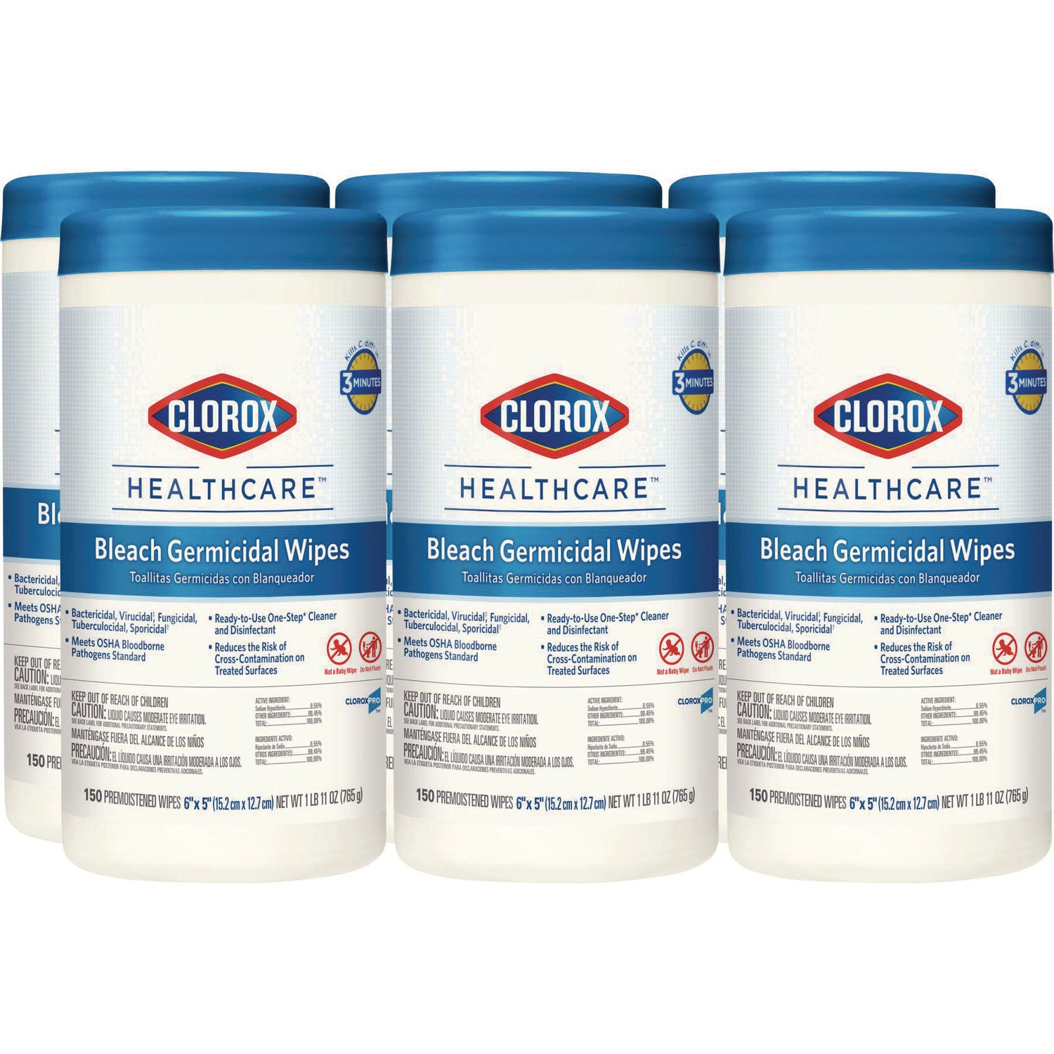 Clorox Healthcare® Bleach Germicidal Wipes, 1-Ply, 6 x 5, Unscented, White, 150/Canister, 6 Canisters/Carton