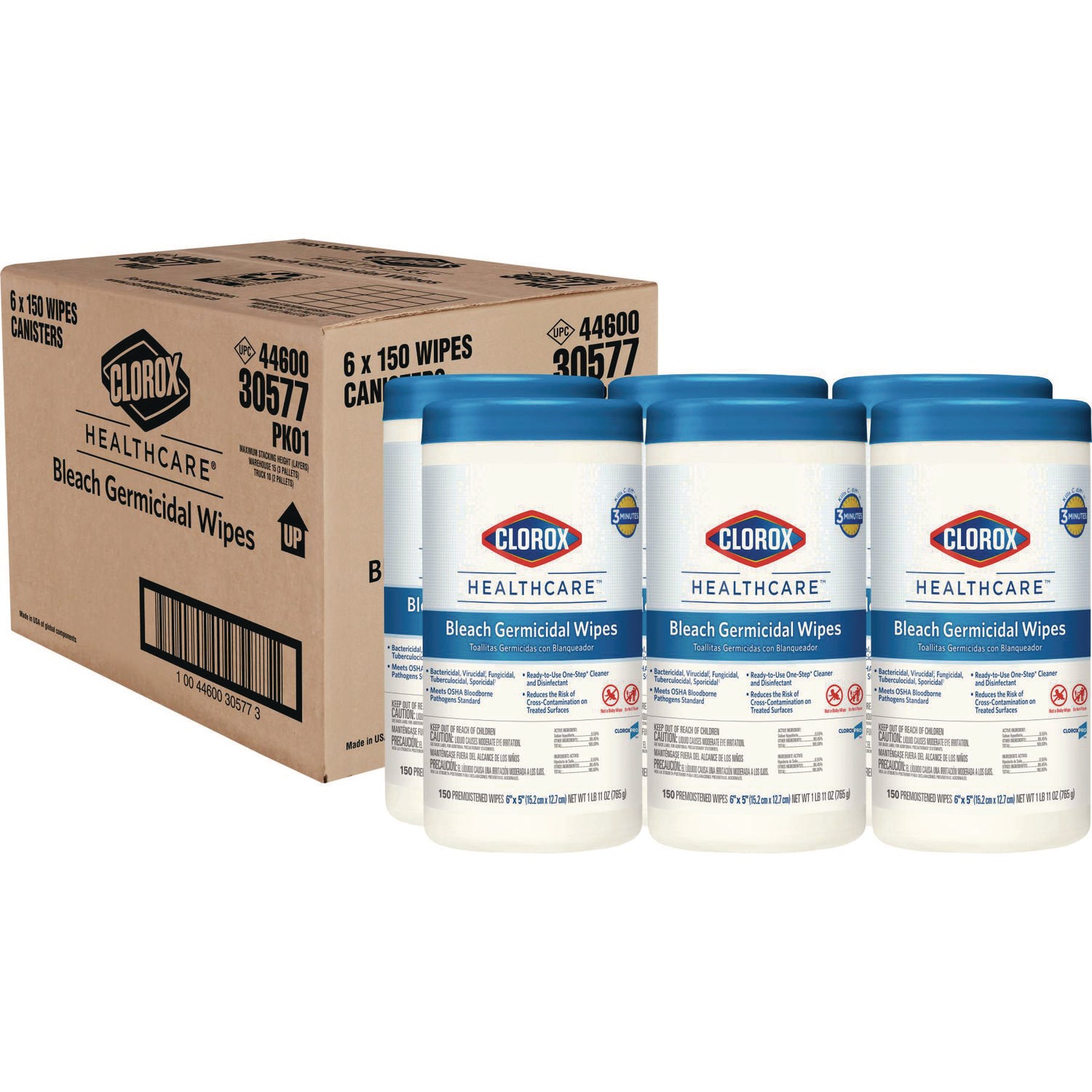 Bleach Germicidal Wipes, 1-Ply, 6 x 5, Unscented, White, 150/Canister, 6 Canisters/Carton