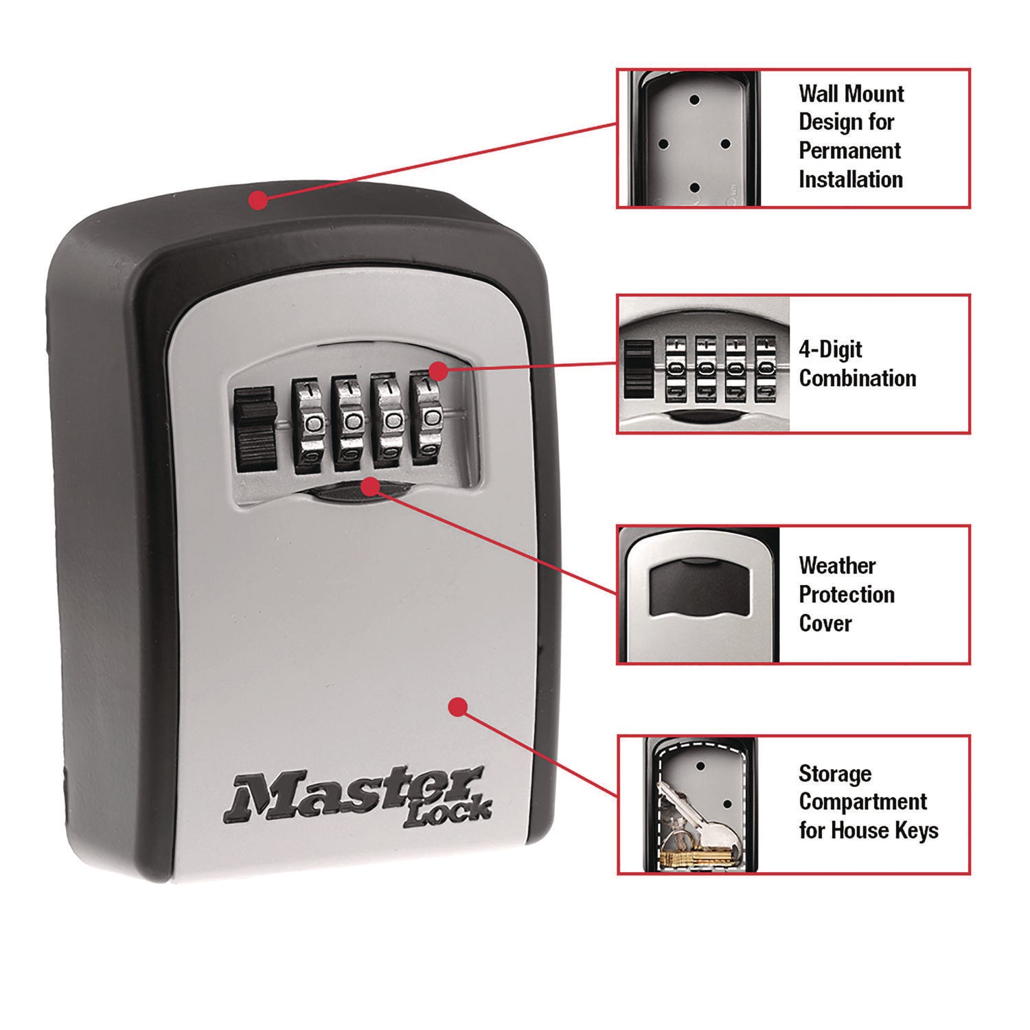 Master Lock® Locking Combination 5 Key Steel Box, 3.25" Wide, Black/Silver