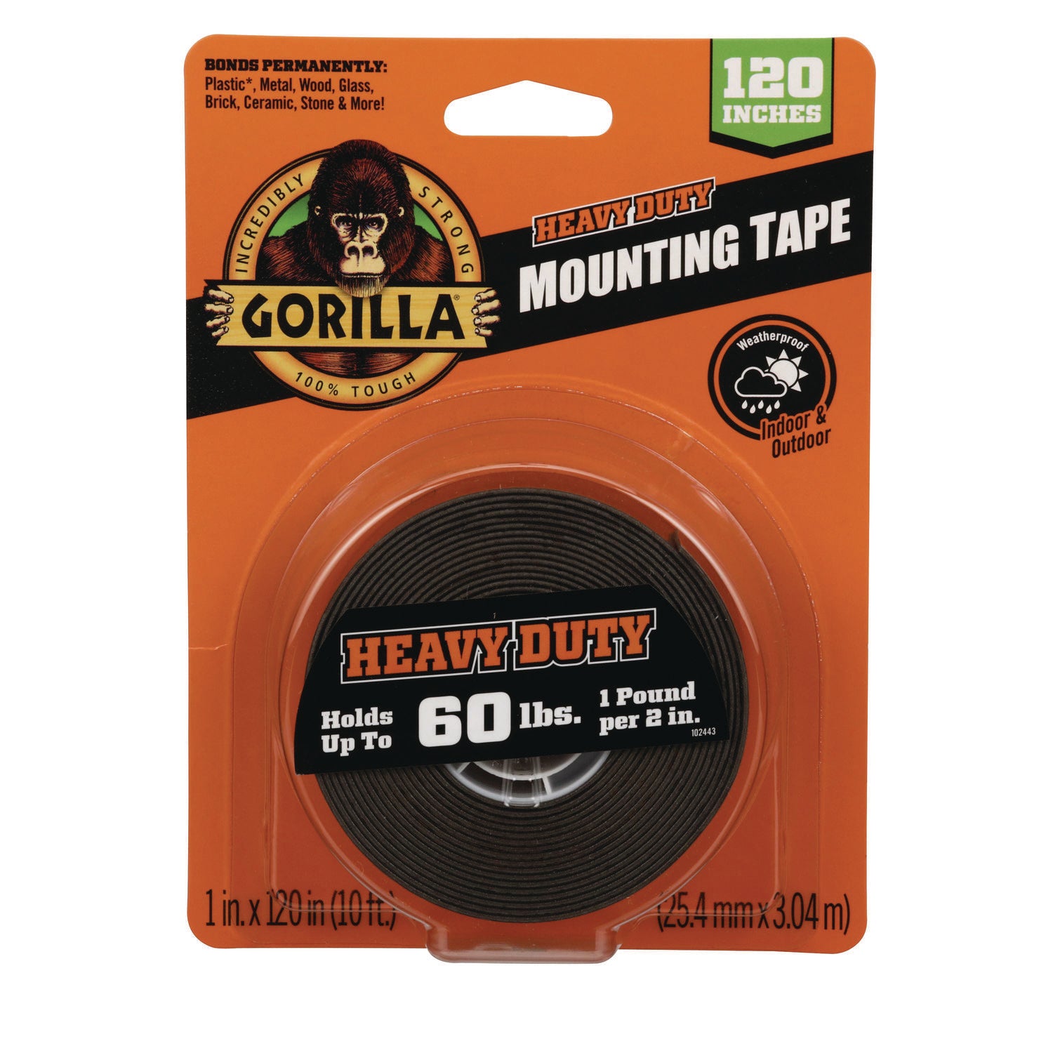 Heavy Duty Mounting Tape, Permanent, Holds Up to 60 lb (1 lb per 2 in), 1 x 120, Black