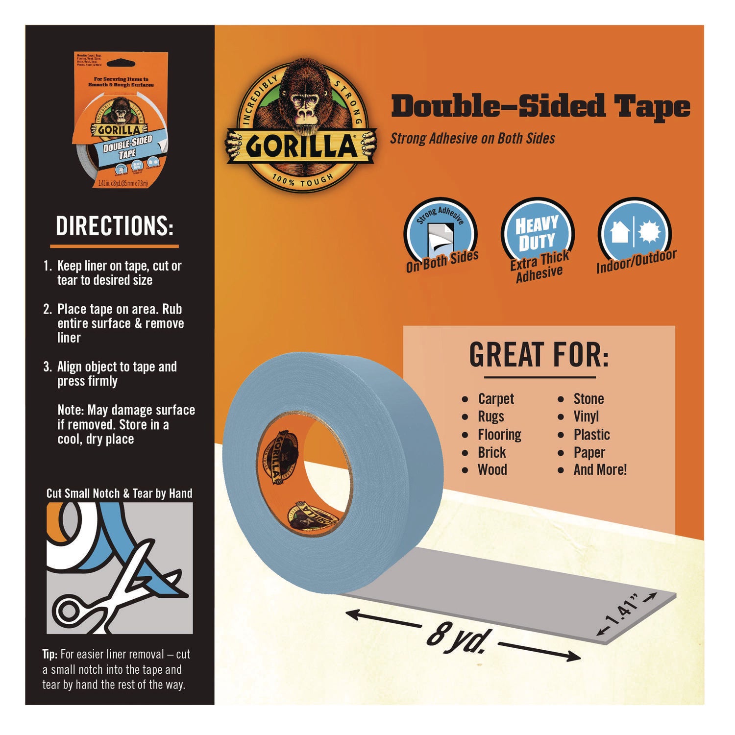 Double-Sided Tape, 3" Core, 1.4" x 8 yds, Gray Gorilla® Flipcost