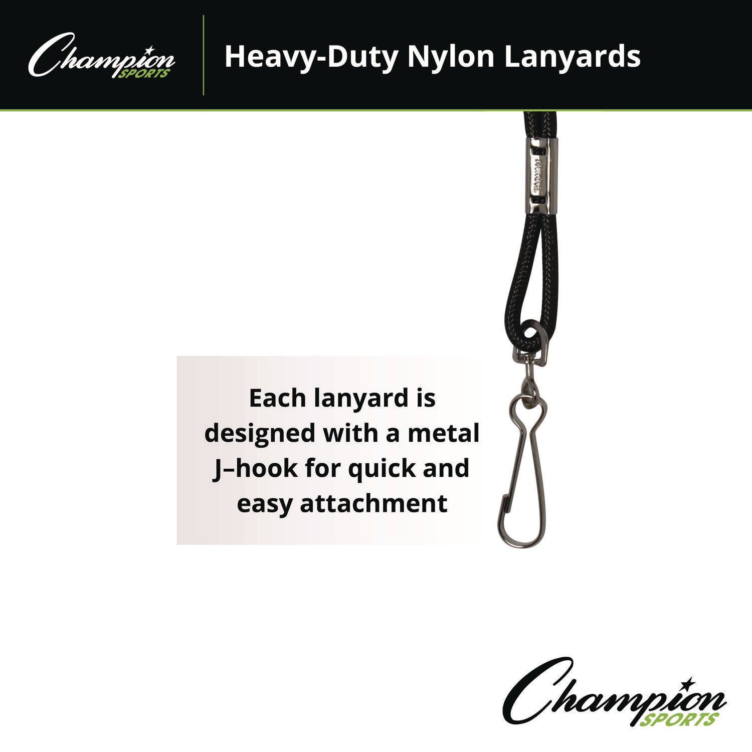 Champion Sports Lanyard, Metal J-Hook Fastener, 20" Long, Black, 12/Pack