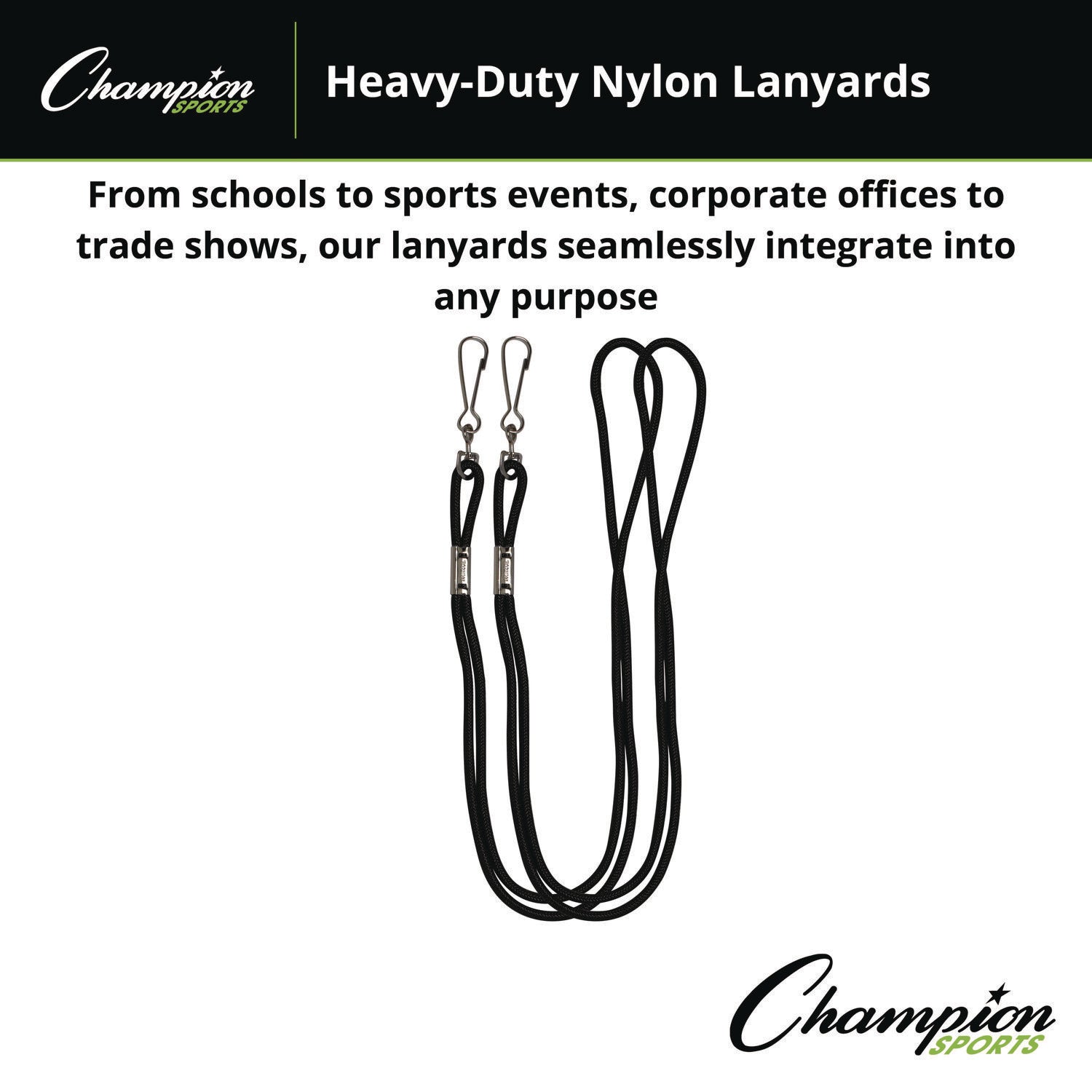 Champion Sports Lanyard, Metal J-Hook Fastener, 20" Long, Black, 12/Pack