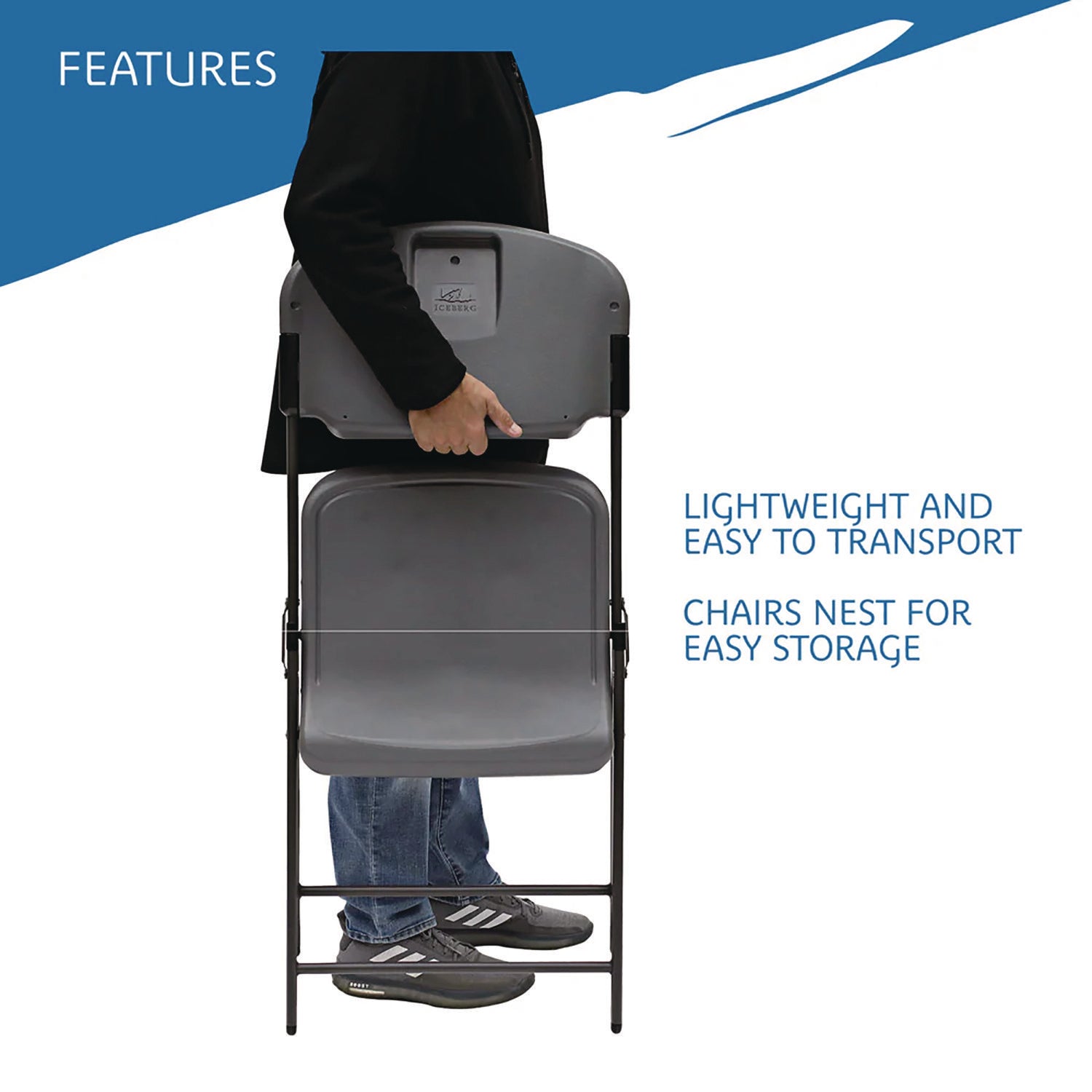 Iceberg Rough n Ready Commercial Folding Chair, Supports Up to 350 lb, 15.25" Seat Height, Charcoal Seat, Charcoal Back, Silver Base