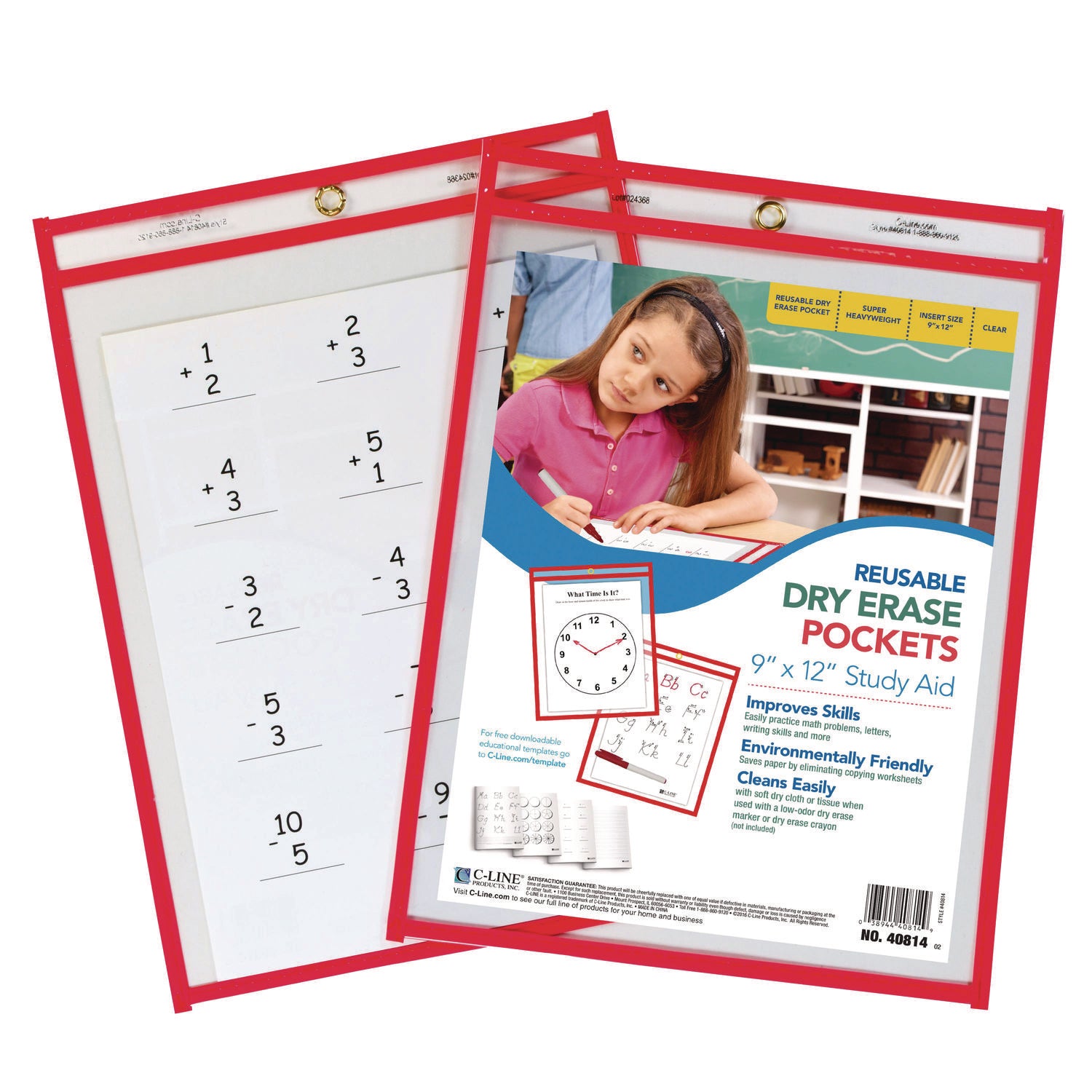 Reusable Dry Erase Pockets, 9 x 12, Neon Red, 30/Pack