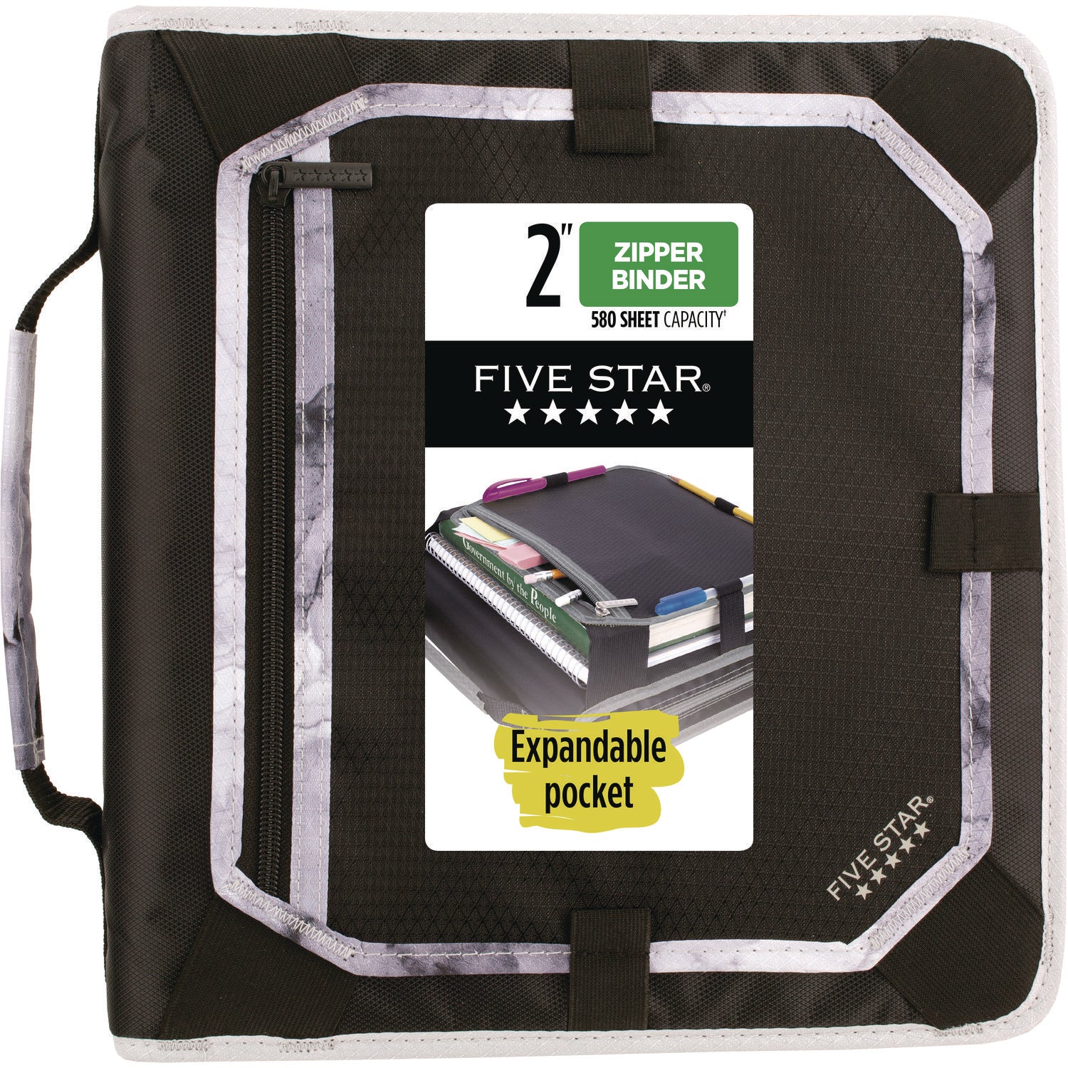 Five Star® Zipper Binder, 3 Rings, 2" Capacity, 11 x 8.5, Black/Gray Accents