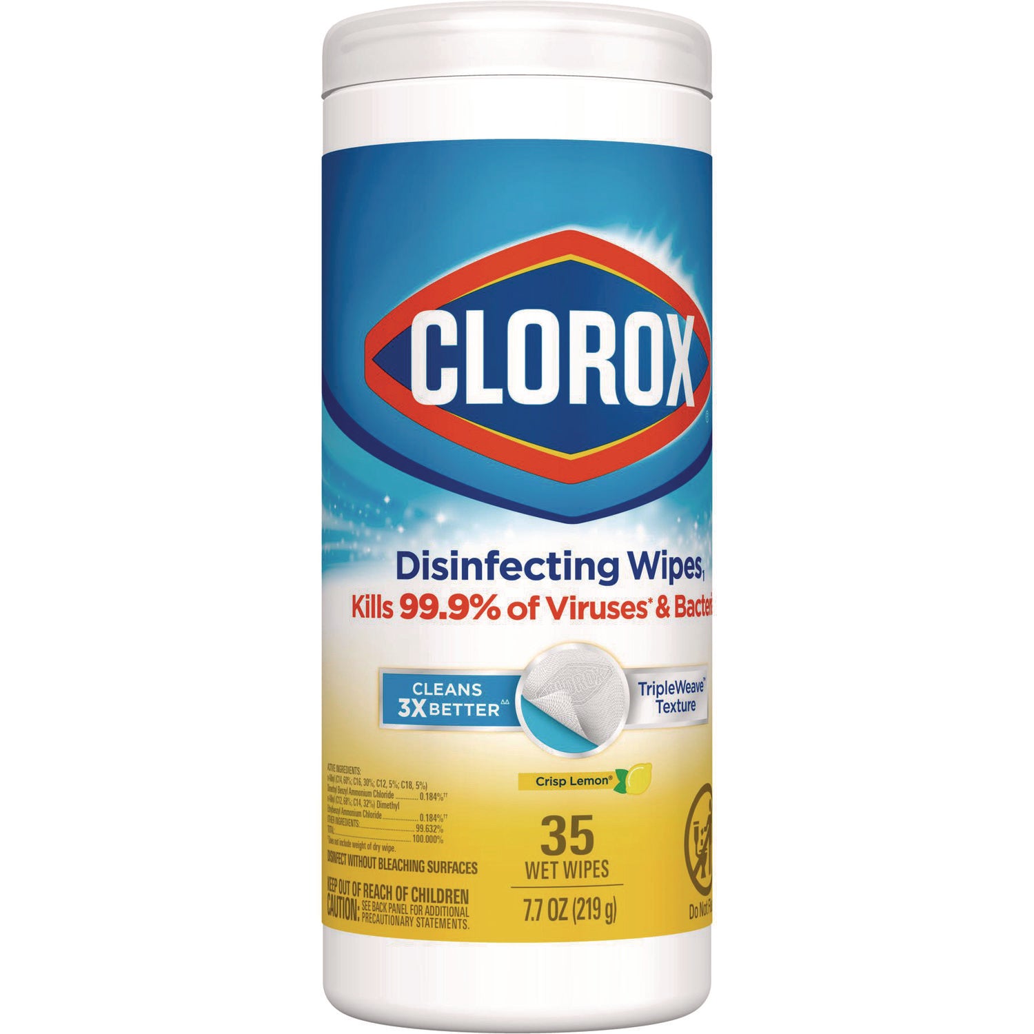 Clorox® Disinfecting Wipes, 1-Ply, 7 x 8, Crisp Lemon, White, 35/Canister