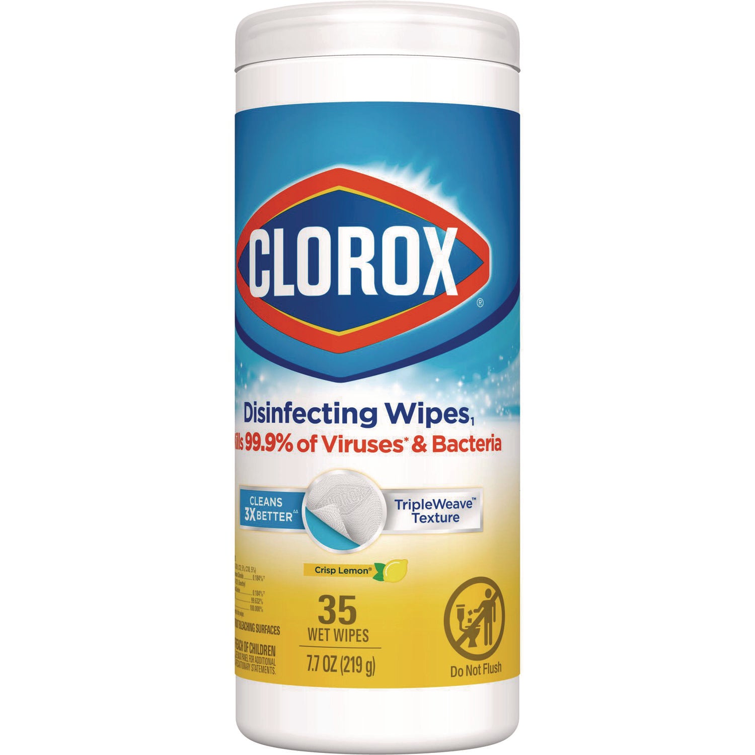 Clorox® Disinfecting Wipes, 1-Ply, 7 x 8, Crisp Lemon, White, 35/Canister