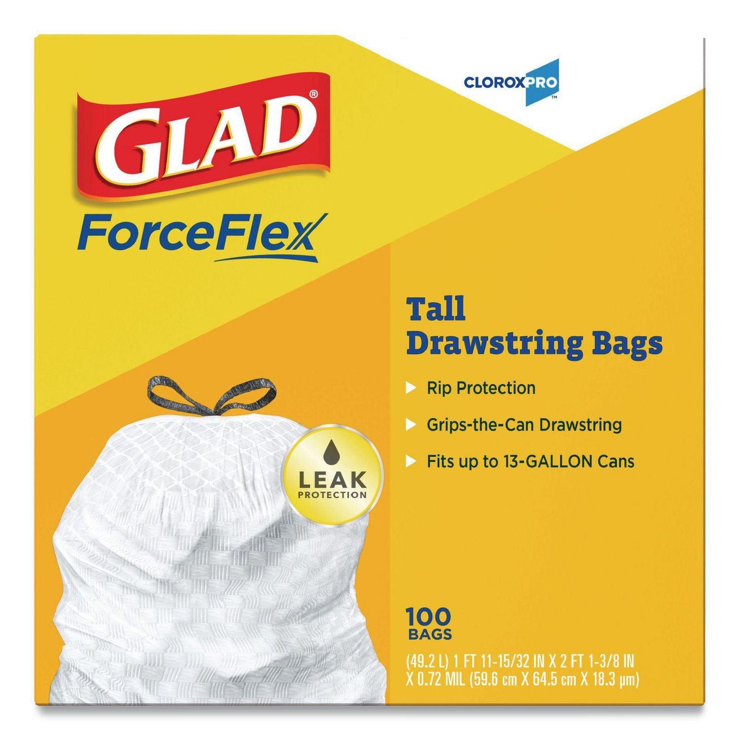 Glad® Tall Kitchen Drawstring Trash Bags, 13 gal, 24" x 27.38", Gray, 100 Bags/Box, 4 Boxes/Carton