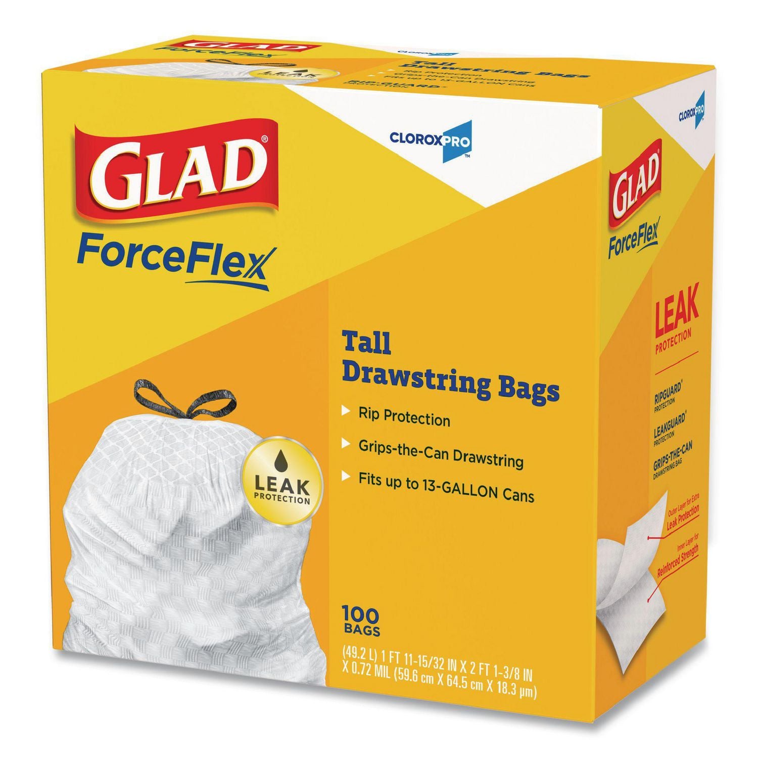 Glad® Tall Kitchen Drawstring Trash Bags, 13 gal, 24" x 27.38", Gray, 100 Bags/Box, 4 Boxes/Carton