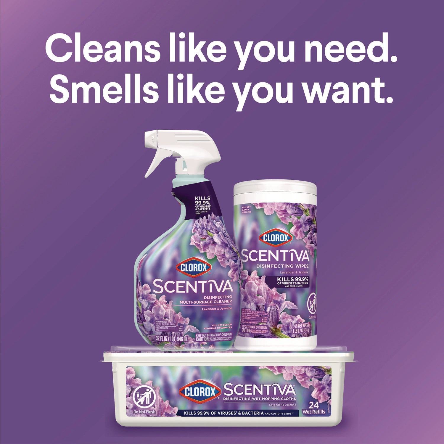 Clorox® Scentiva Multi Surface Cleaner, Tuscan Lavender and Jasmine, 32 oz, 9/Carton