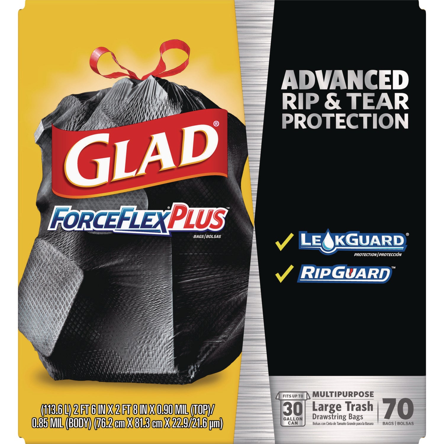 Glad® ForceFlexPlus Drawstring Large Trash Bags, 30 gal, 1.05 mil, 30" x 32", Black, 70/Box