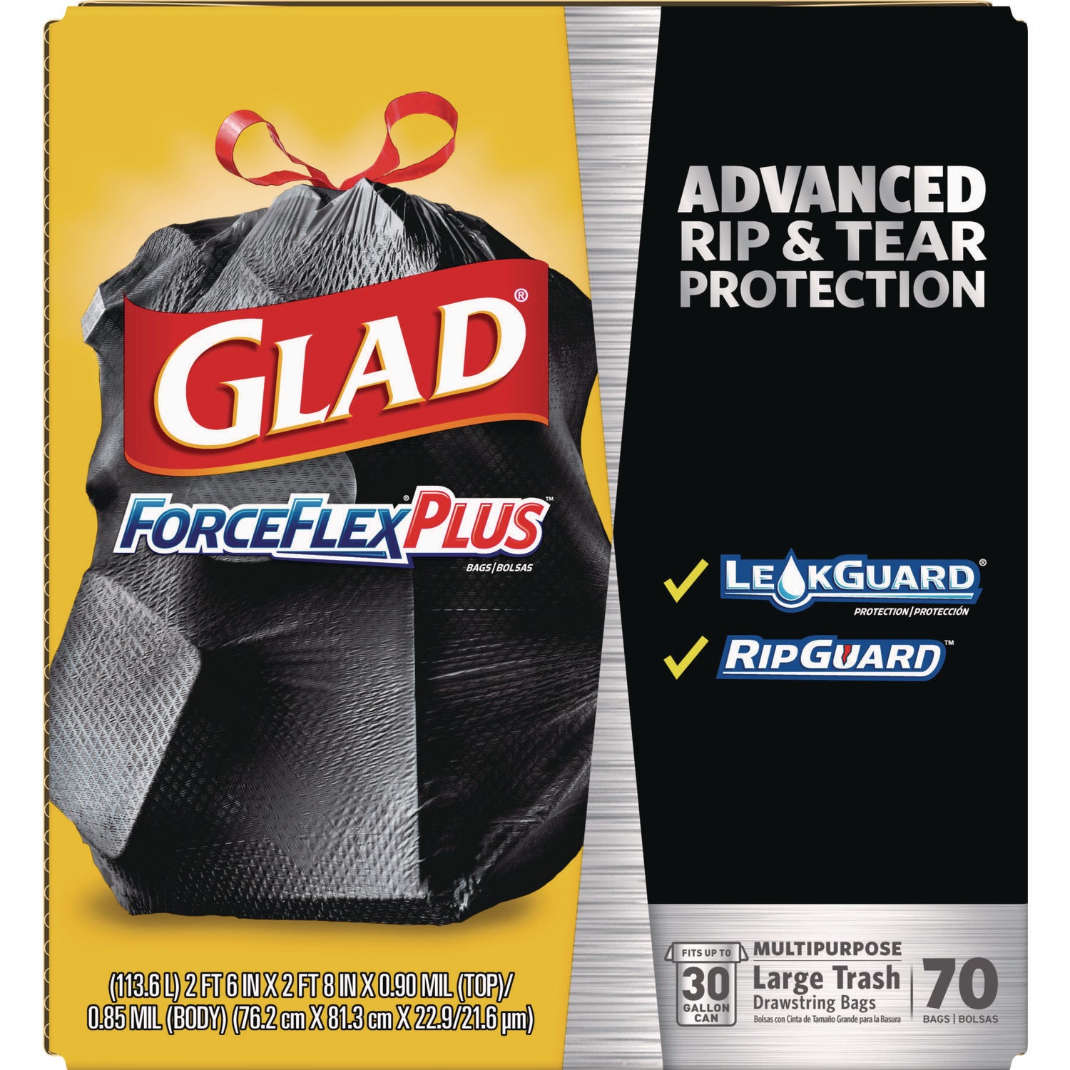 Glad® ForceFlexPlus Drawstring Large Trash Bags, 30 gal, 1.05 mil, 30" x 32", Black, 70/Box