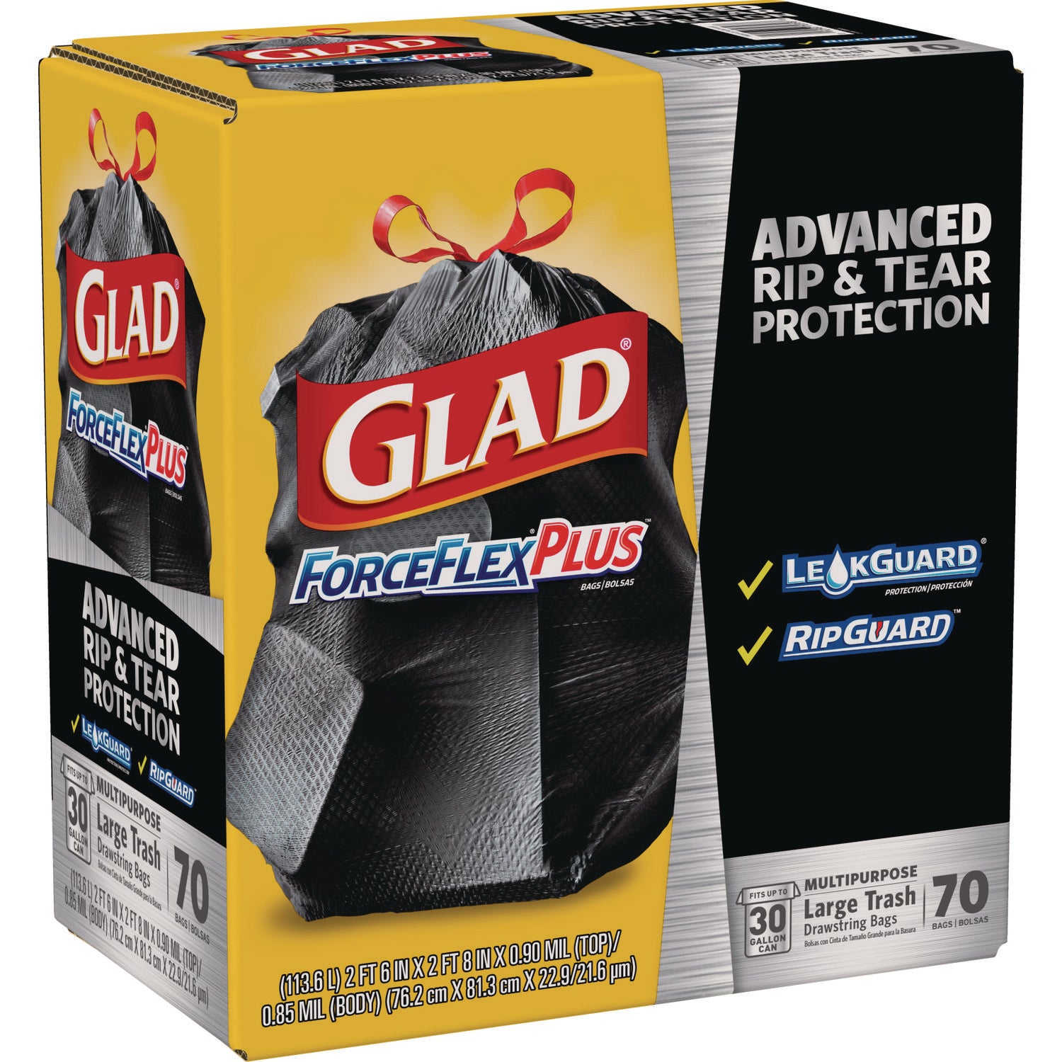 Glad® ForceFlexPlus Drawstring Large Trash Bags, 30 gal, 1.05 mil, 30" x 32", Black, 70/Box