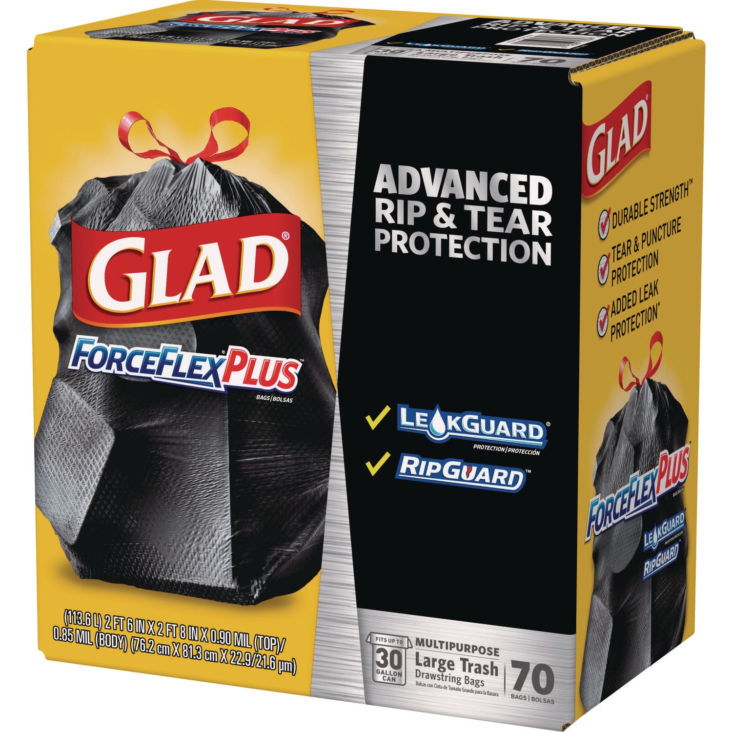 Glad® ForceFlexPlus Drawstring Large Trash Bags, 30 gal, 1.05 mil, 30" x 32", Black, 70/Box