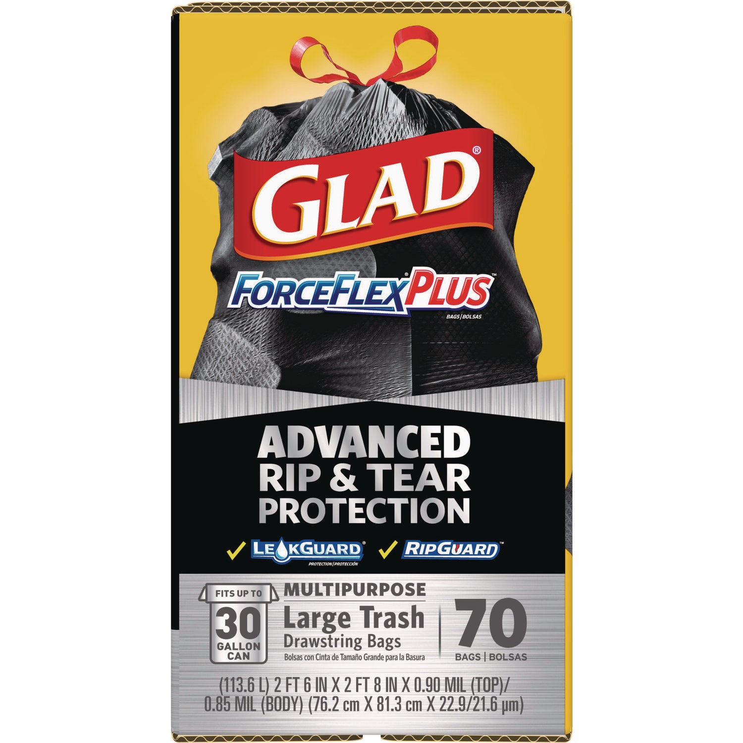 Glad® ForceFlexPlus Drawstring Large Trash Bags, 30 gal, 1.05 mil, 30" x 32", Black, 70/Box